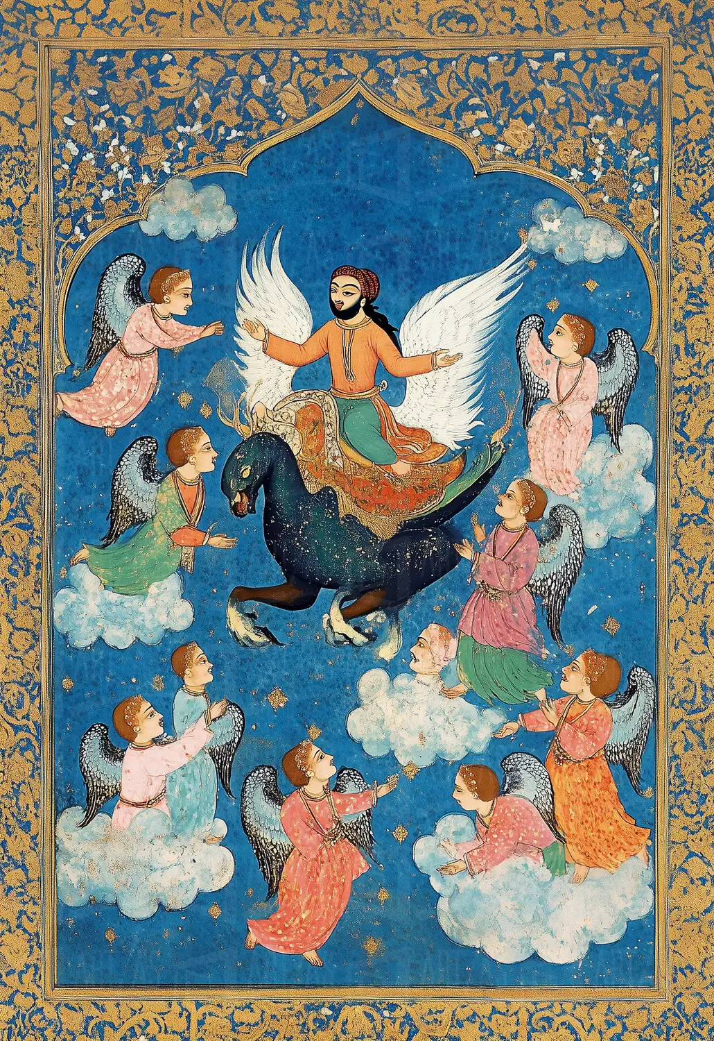 Escena mitológica con un hombre montando un caballo alado rodeado de ángeles. | CUADROS DE ATREZZO PARA CINE Y PUBLICIDAD