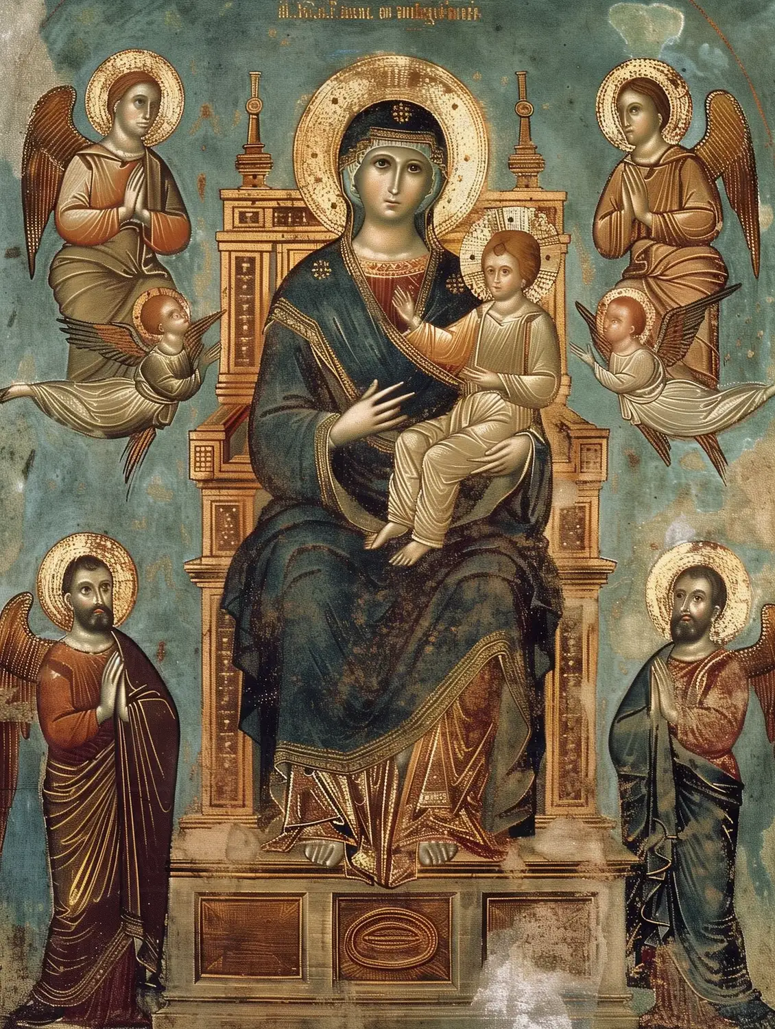 Icono religioso de la Virgen María con el Niño Jesús, rodeada de ángeles. | CUADROS DE ATREZZO PARA CINE Y PUBLICIDAD