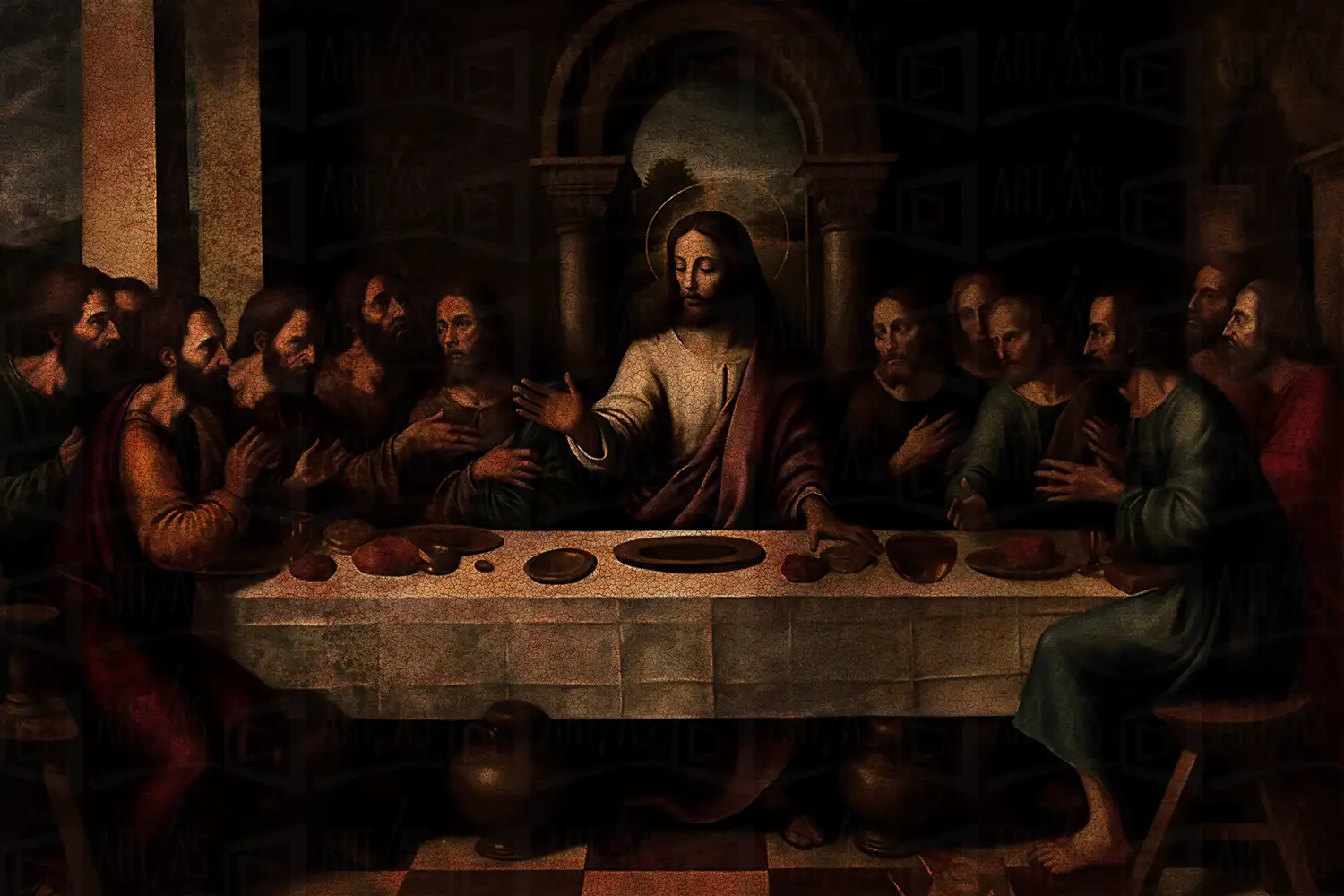 Representación de la Última Cena con Jesús y sus discípulos en una mesa. | CUADROS DE ATREZZO PARA CINE Y PUBLICIDAD