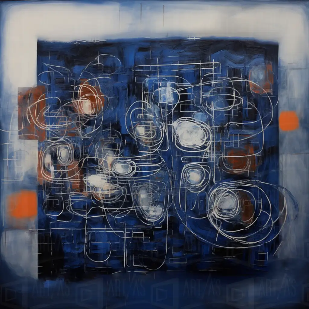 Composición abstracta con predominancia de tonos azules y formas geométricas. | CUADROS DE ATREZZO PARA CINE Y PUBLICIDAD