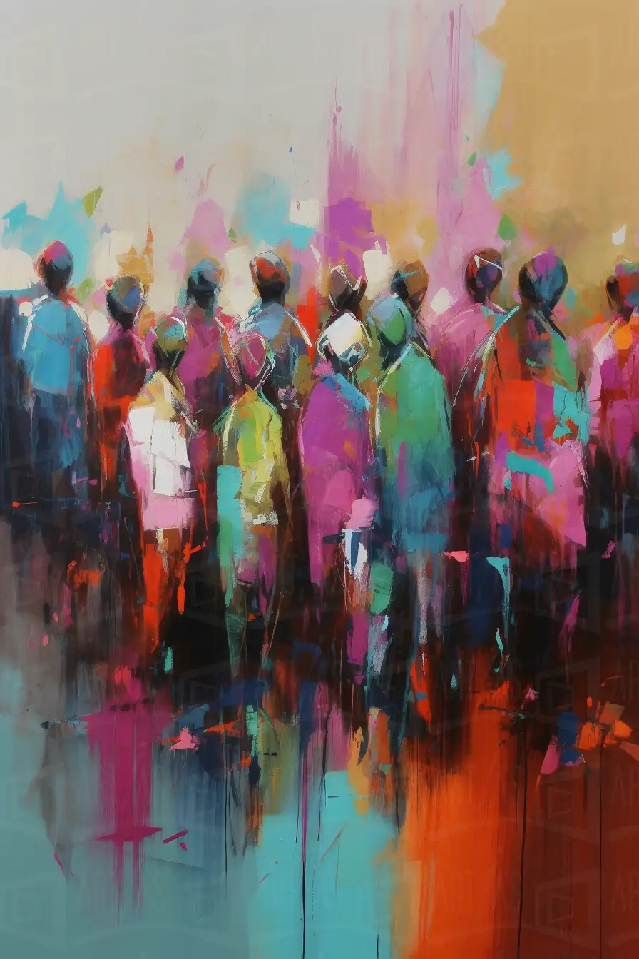 Obra abstracta que representa una multitud de figuras humanas en colores vibrantes. | CUADROS DE ATREZZO PARA CINE Y PUBLICIDAD