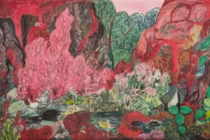 Obra abstracta con formas orgánicas y colores vibrantes que representan un paisaje natural. | CUADROS DE ATREZZO PARA CINE Y PUBLICIDAD