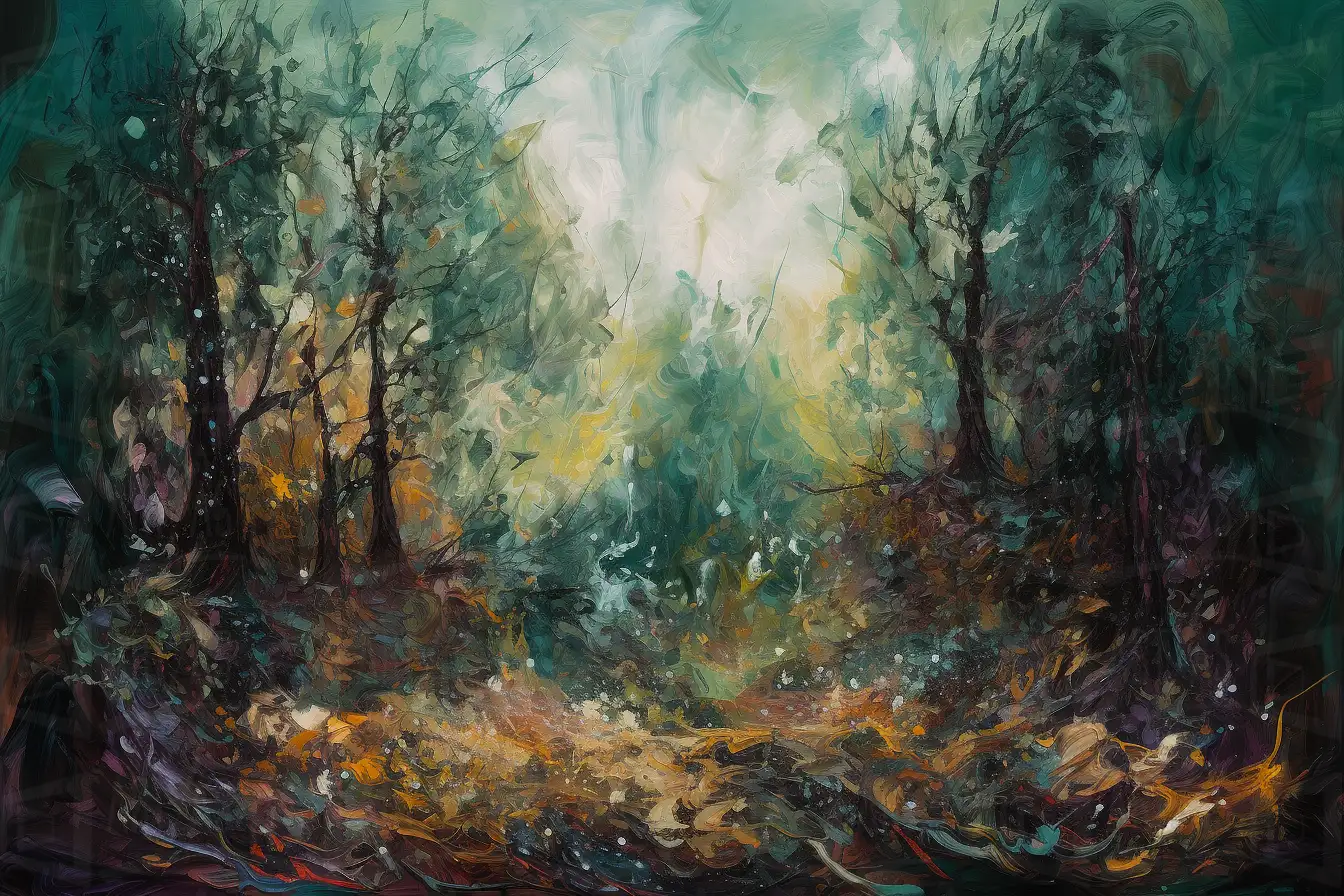 Paisaje abstracto con árboles y una atmósfera etérea. | CUADROS DE ATREZZO PARA CINE Y PUBLICIDAD