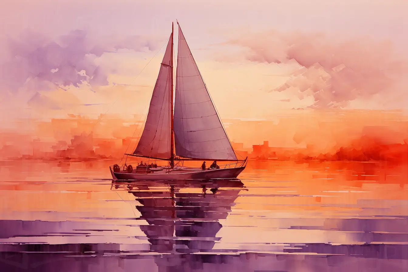 Barco de vela navegando en un atardecer con reflejos en el agua. | CUADROS DE ATREZZO PARA CINE Y PUBLICIDAD