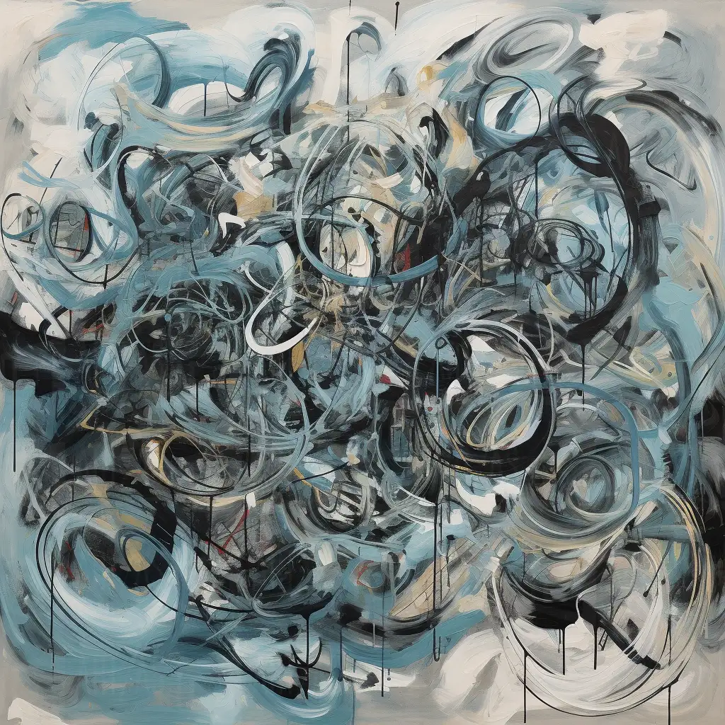 Composición abstracta con formas circulares y líneas en tonos azules y negros. | CUADROS DE ATREZZO PARA CINE Y PUBLICIDAD