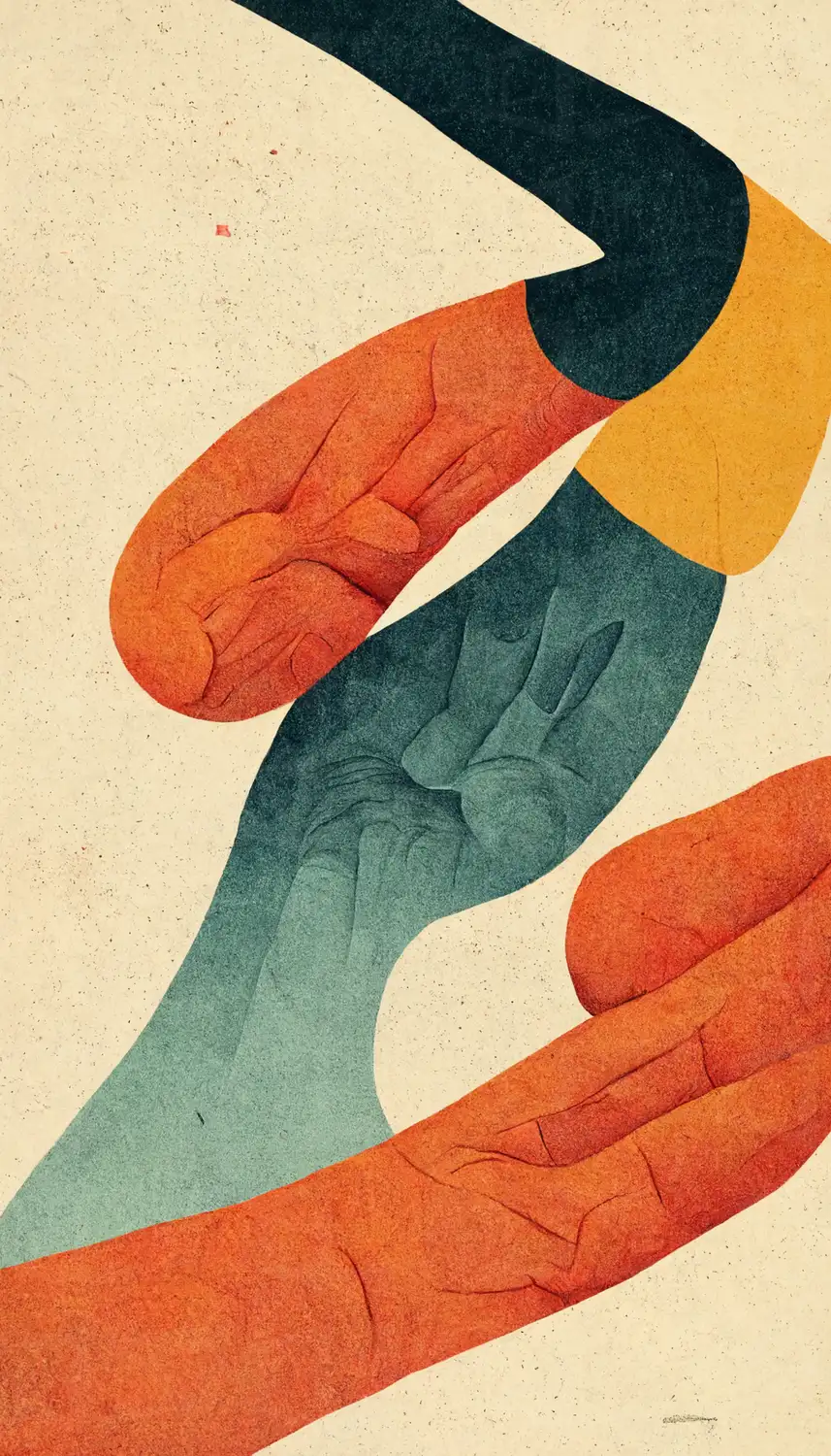 Composición abstracta con formas de manos en colores vibrantes. | CUADROS DE ATREZZO PARA CINE Y PUBLICIDAD