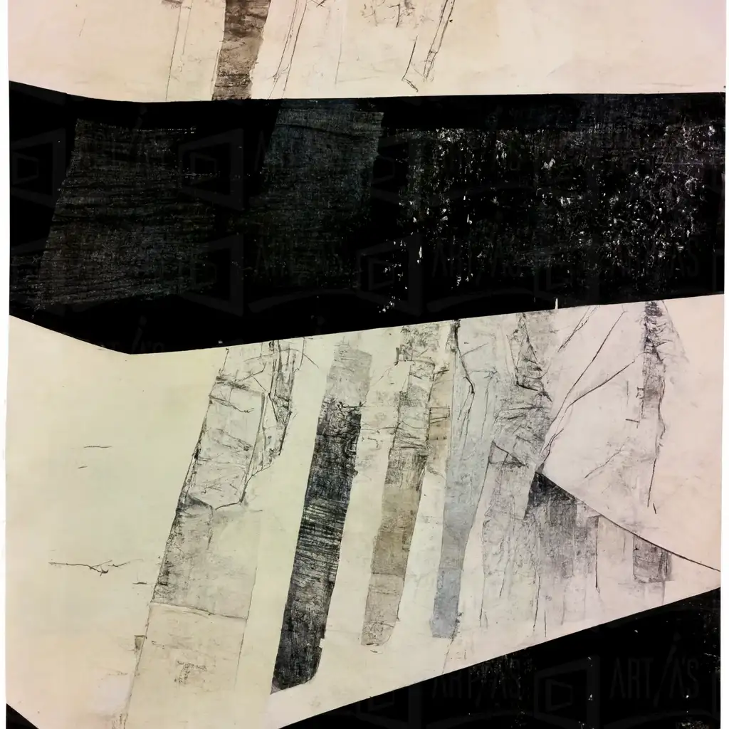 Composición abstracta en blanco y negro con formas geométricas y texturas variadas. | CUADROS DE ATREZZO PARA CINE Y PUBLICIDAD