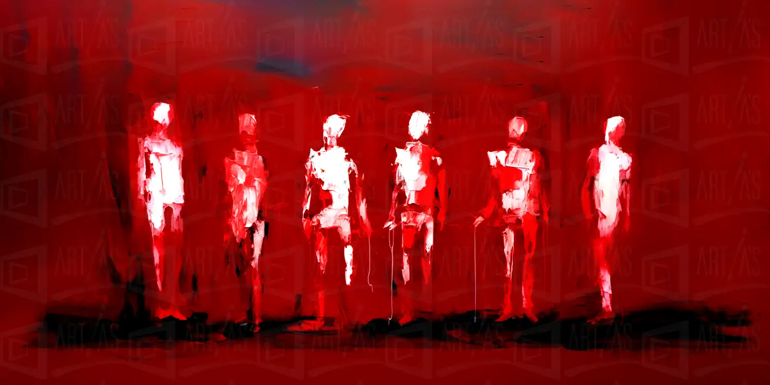 Obra abstracta con figuras humanas en tonos rojos y blancos. | CUADROS DE ATREZZO PARA CINE Y PUBLICIDAD