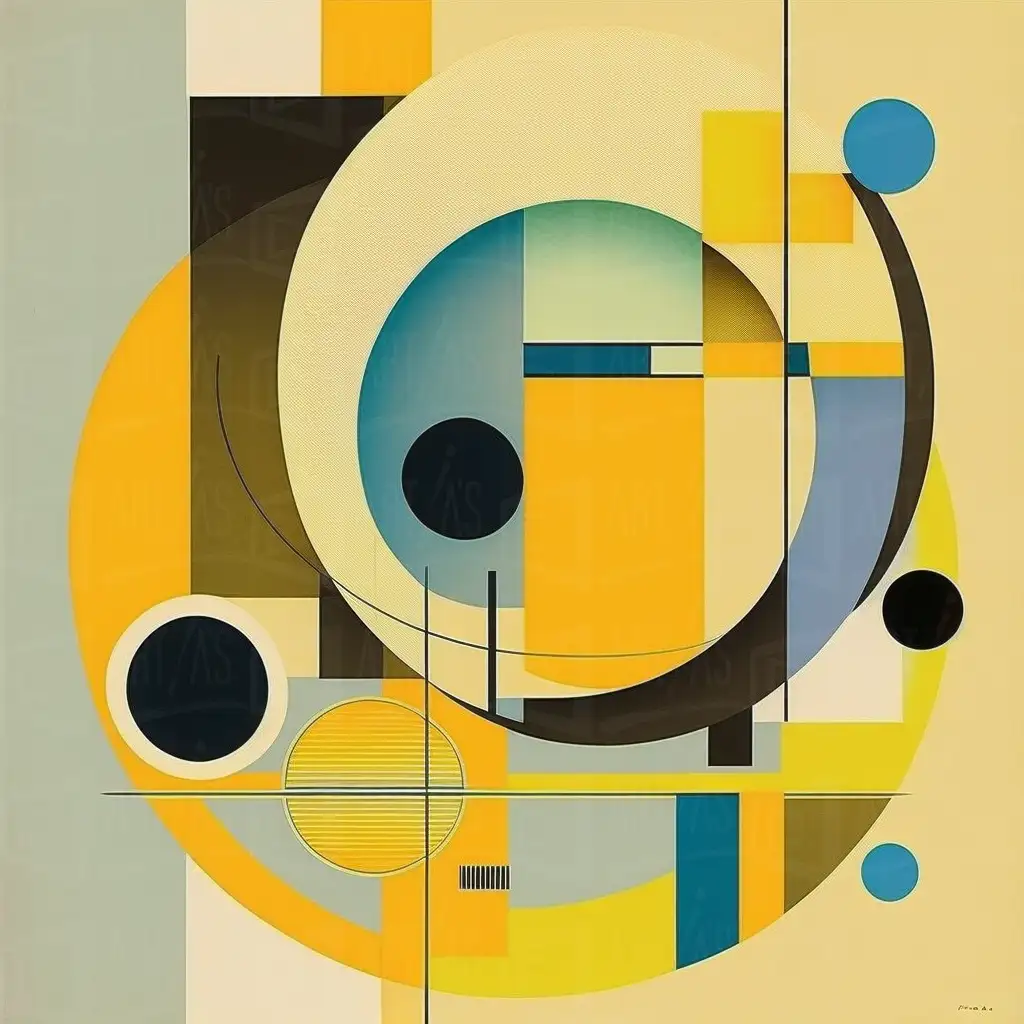 Composición abstracta con formas geométricas en tonos amarillos, azules y negros. | CUADROS DE ATREZZO PARA CINE Y PUBLICIDAD