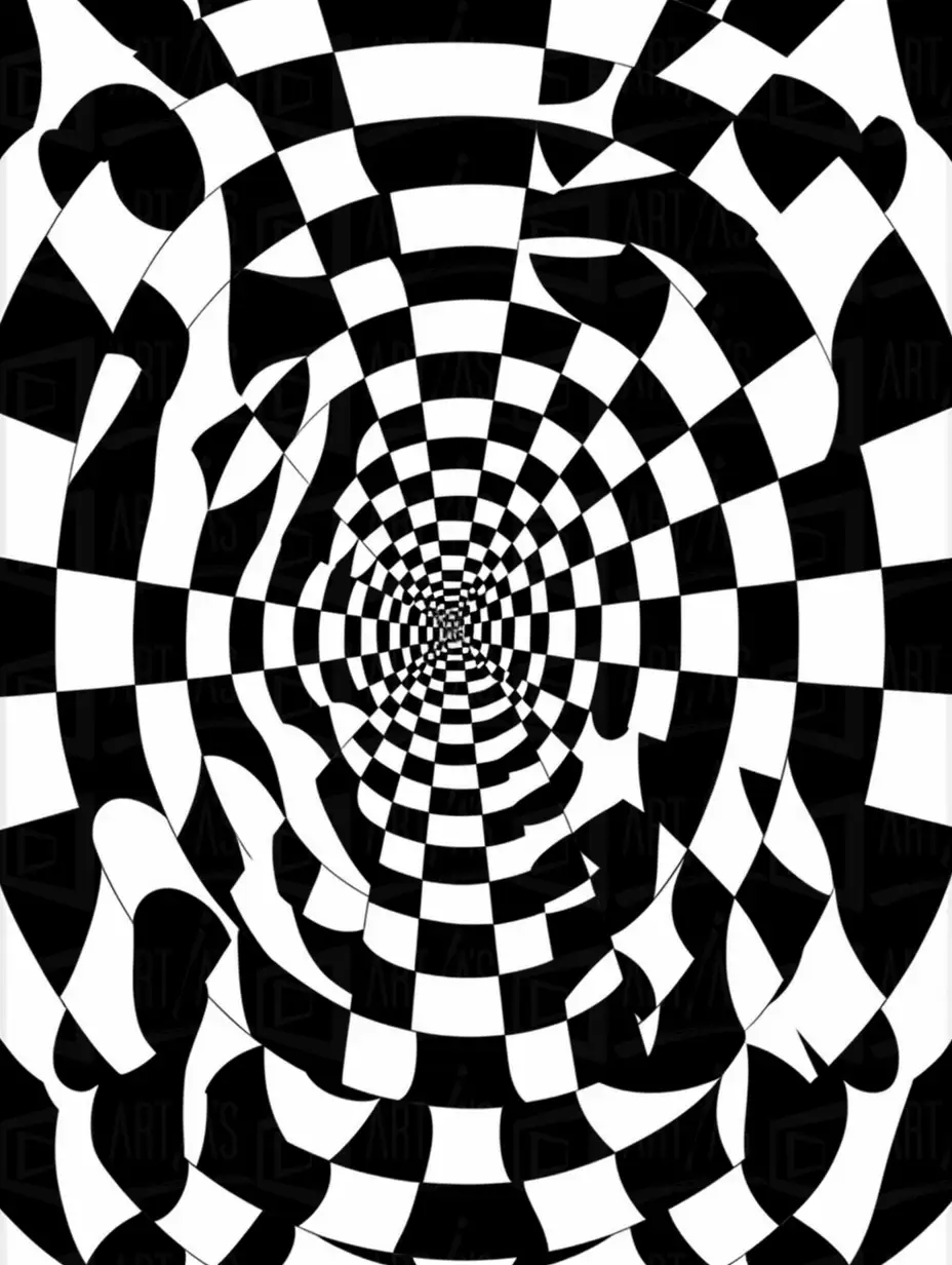 Obra abstracta en blanco y negro con un patrón de cuadros en espiral. | CUADROS DE ATREZZO PARA CINE Y PUBLICIDAD