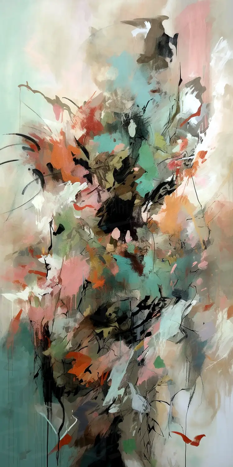 Obra abstracta con formas orgánicas y colores vibrantes. | CUADROS DE ATREZZO PARA CINE Y PUBLICIDAD