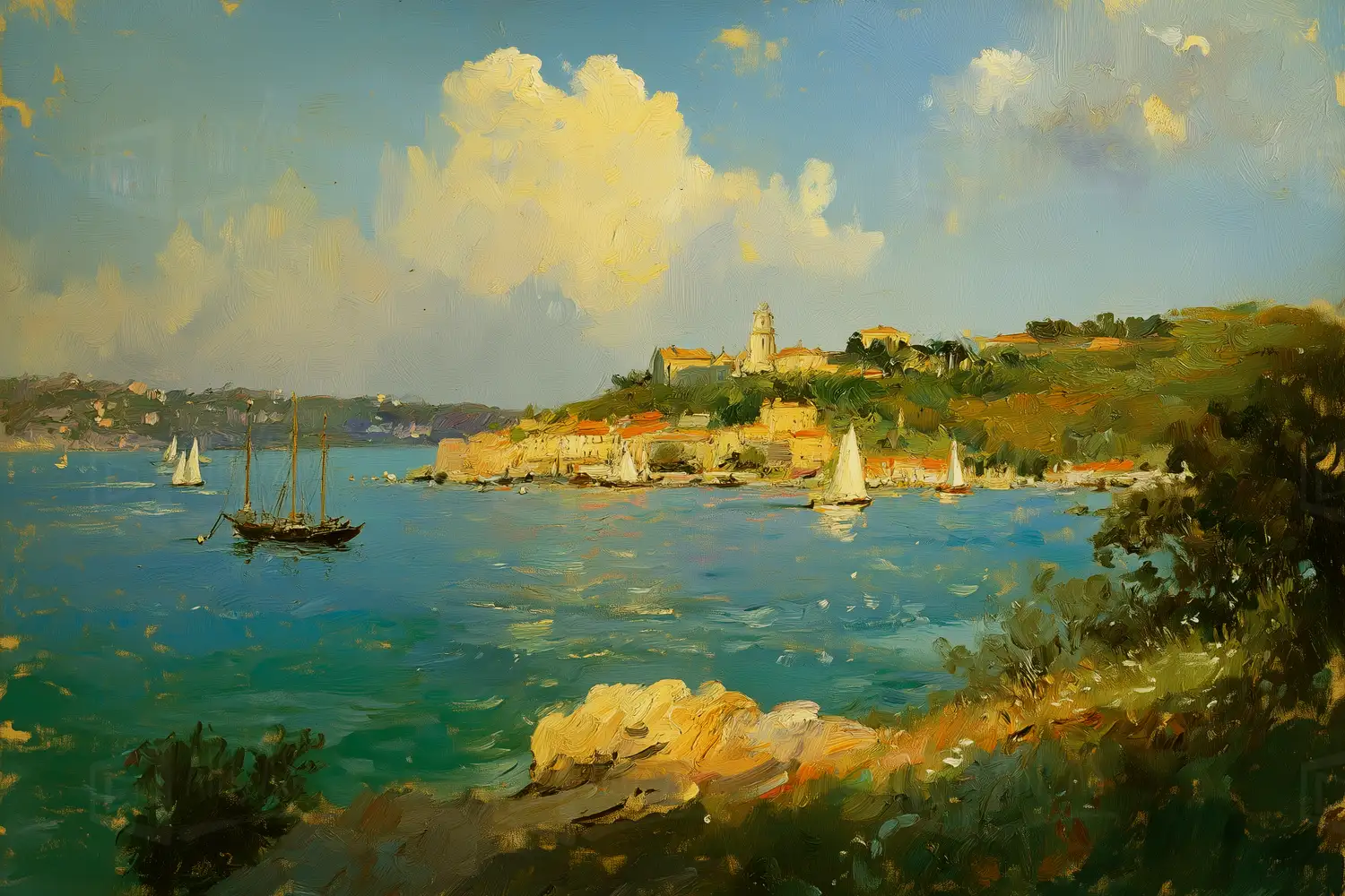 Paisaje costero con barcos de vela y una colina con edificaciones al fondo. | CUADROS DE ATREZZO PARA CINE Y PUBLICIDAD