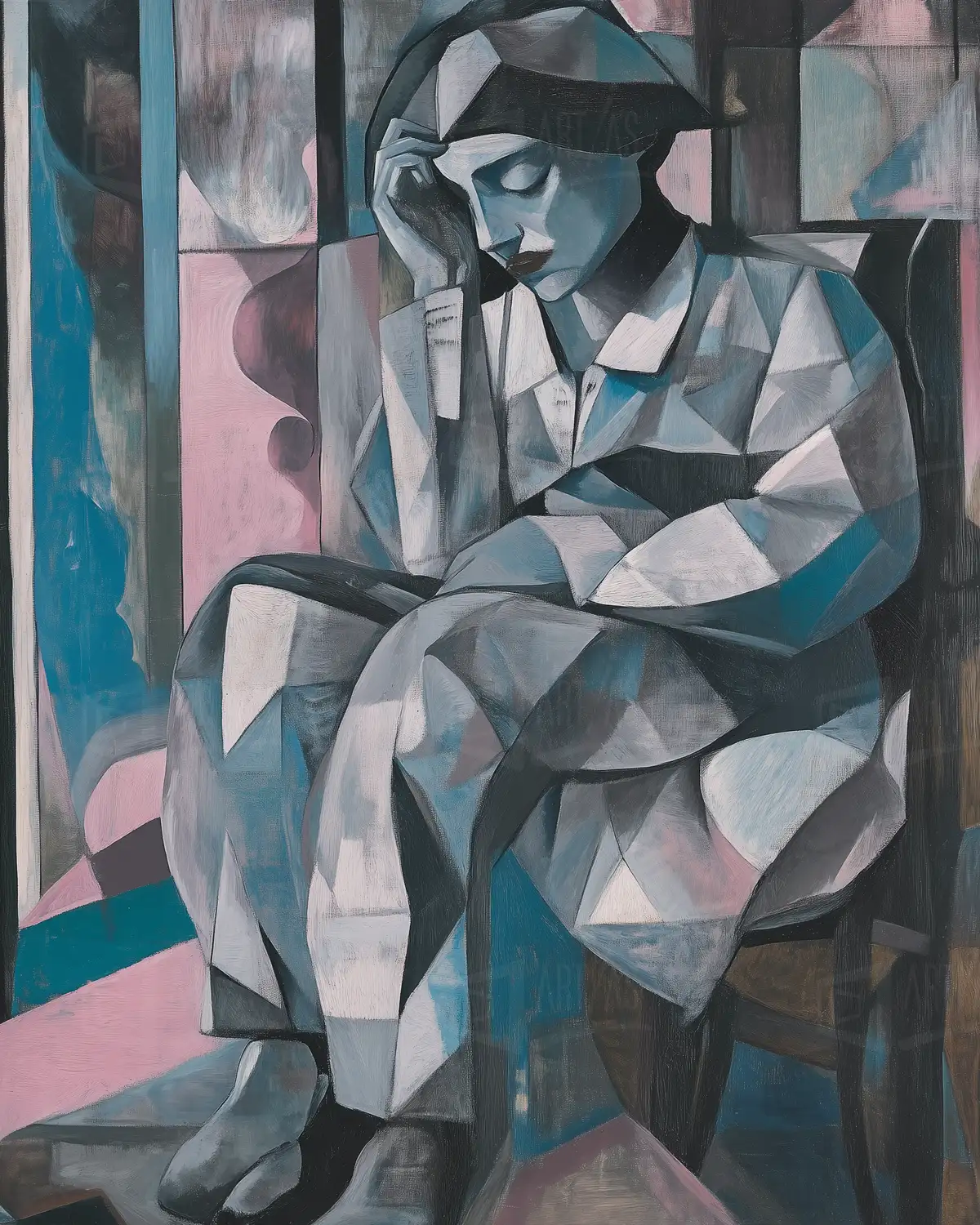 Retrato de una figura sentada con expresión pensativa, en un estilo geométrico. | CUADROS DE ATREZZO PARA CINE Y PUBLICIDAD