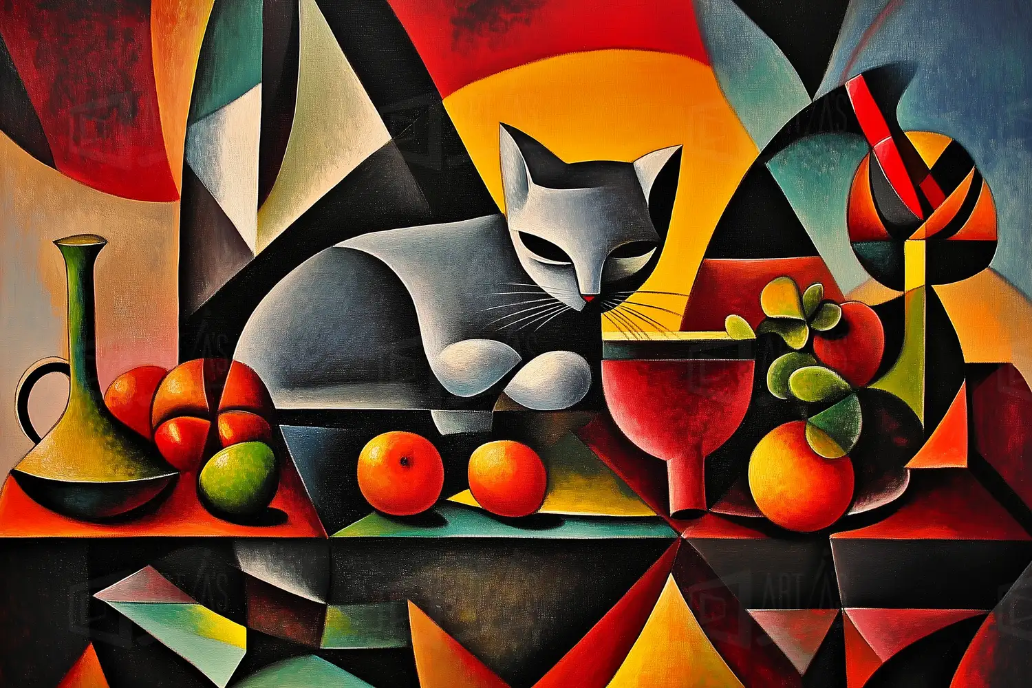 Naturaleza muerta con un gato gris, frutas y una jarra. | CUADROS DE ATREZZO PARA CINE Y PUBLICIDAD