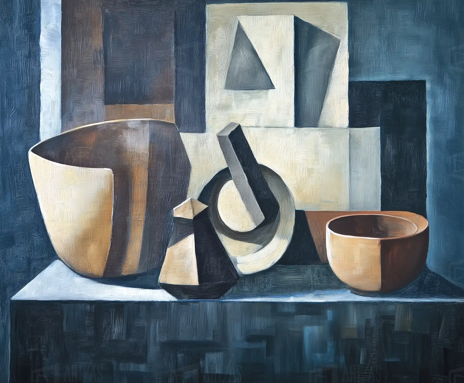 Naturaleza muerta con formas geométricas y objetos de cerámica. | CUADROS DE ATREZZO PARA CINE Y PUBLICIDAD