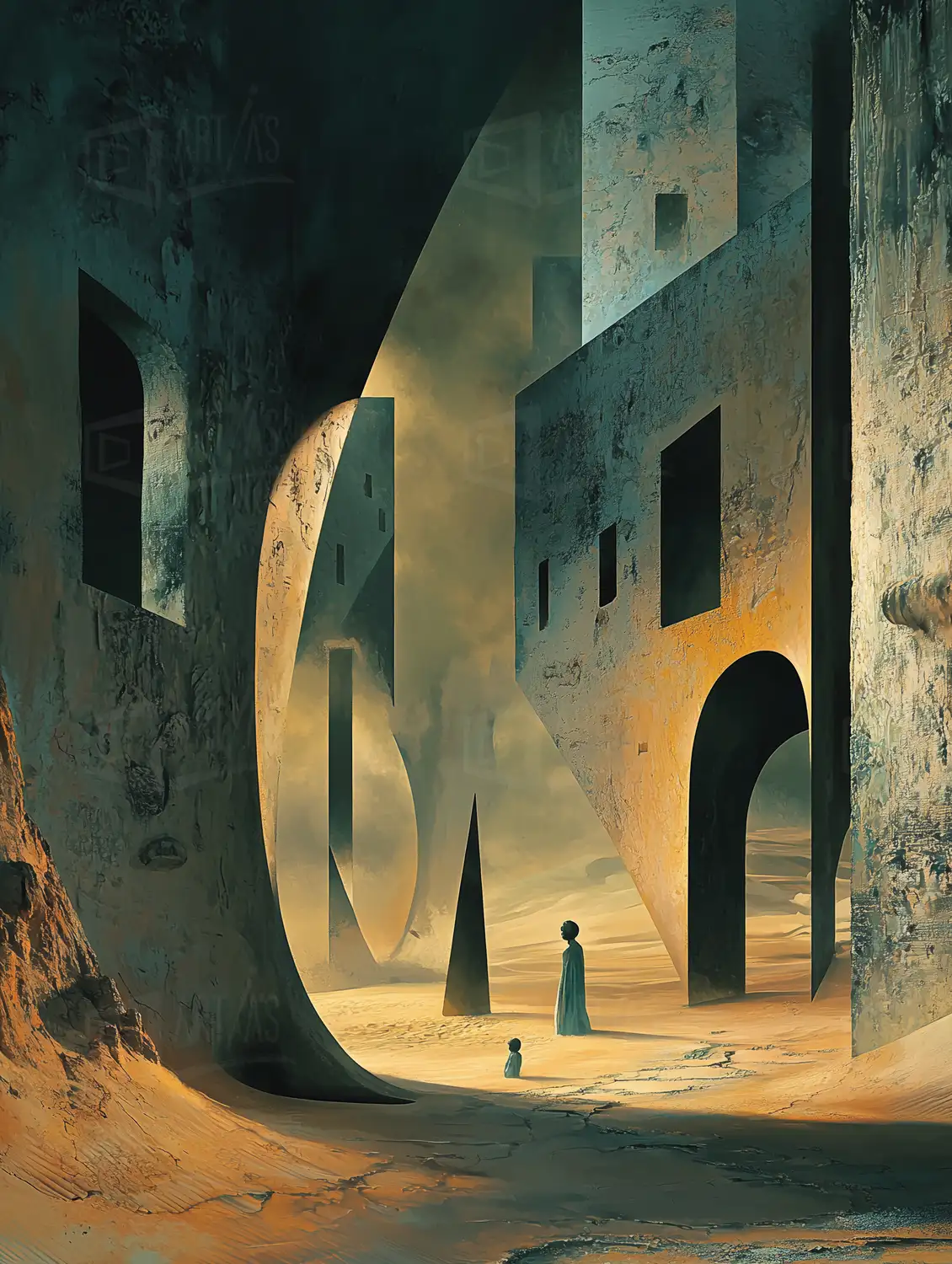 Escena surrealista con figuras humanas en un paisaje arquitectónico desolado. | CUADROS DE ATREZZO PARA CINE Y PUBLICIDAD