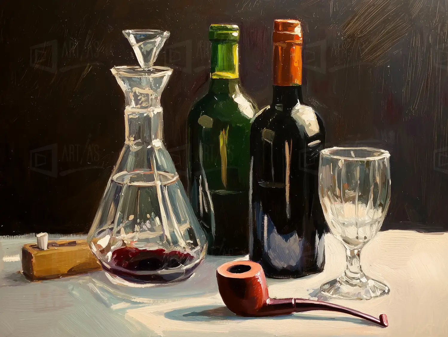 Naturaleza muerta con botellas, un decantador y una pipa. | CUADROS DE ATREZZO PARA CINE Y PUBLICIDAD
