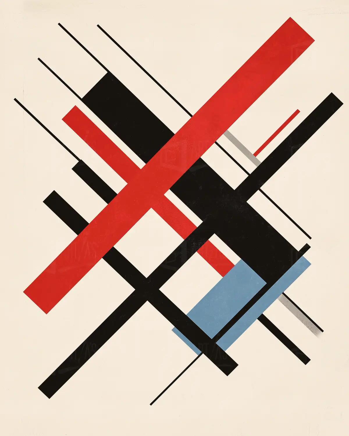 Composición abstracta con líneas y formas geométricas en colores rojo, negro y azul. | CUADROS DE ATREZZO PARA CINE Y PUBLICIDAD