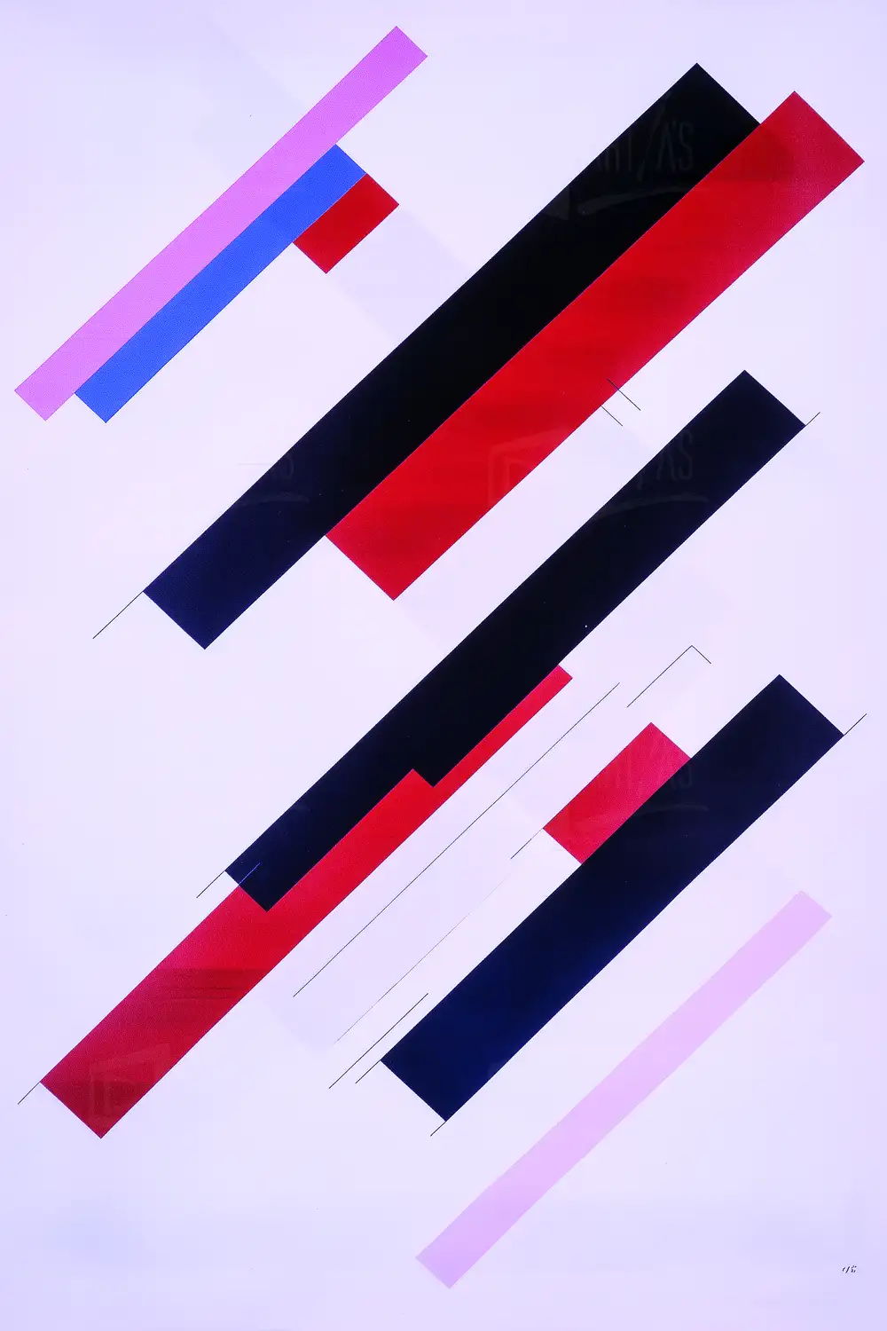 Composición abstracta con líneas y bloques de color en un fondo claro. | CUADROS DE ATREZZO PARA CINE Y PUBLICIDAD