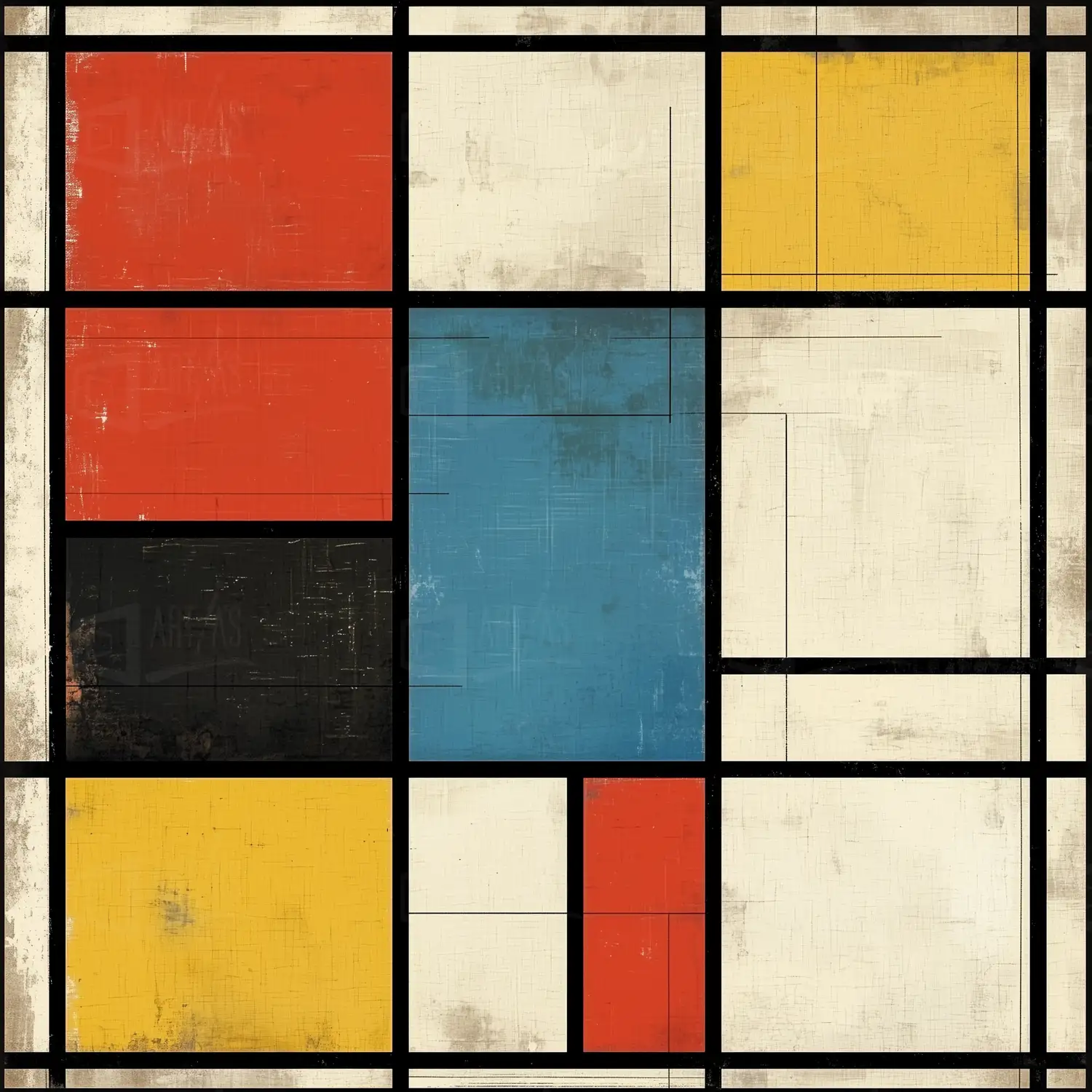 Composición abstracta con bloques de color en rojo, azul, amarillo y negro. | CUADROS DE ATREZZO PARA CINE Y PUBLICIDAD