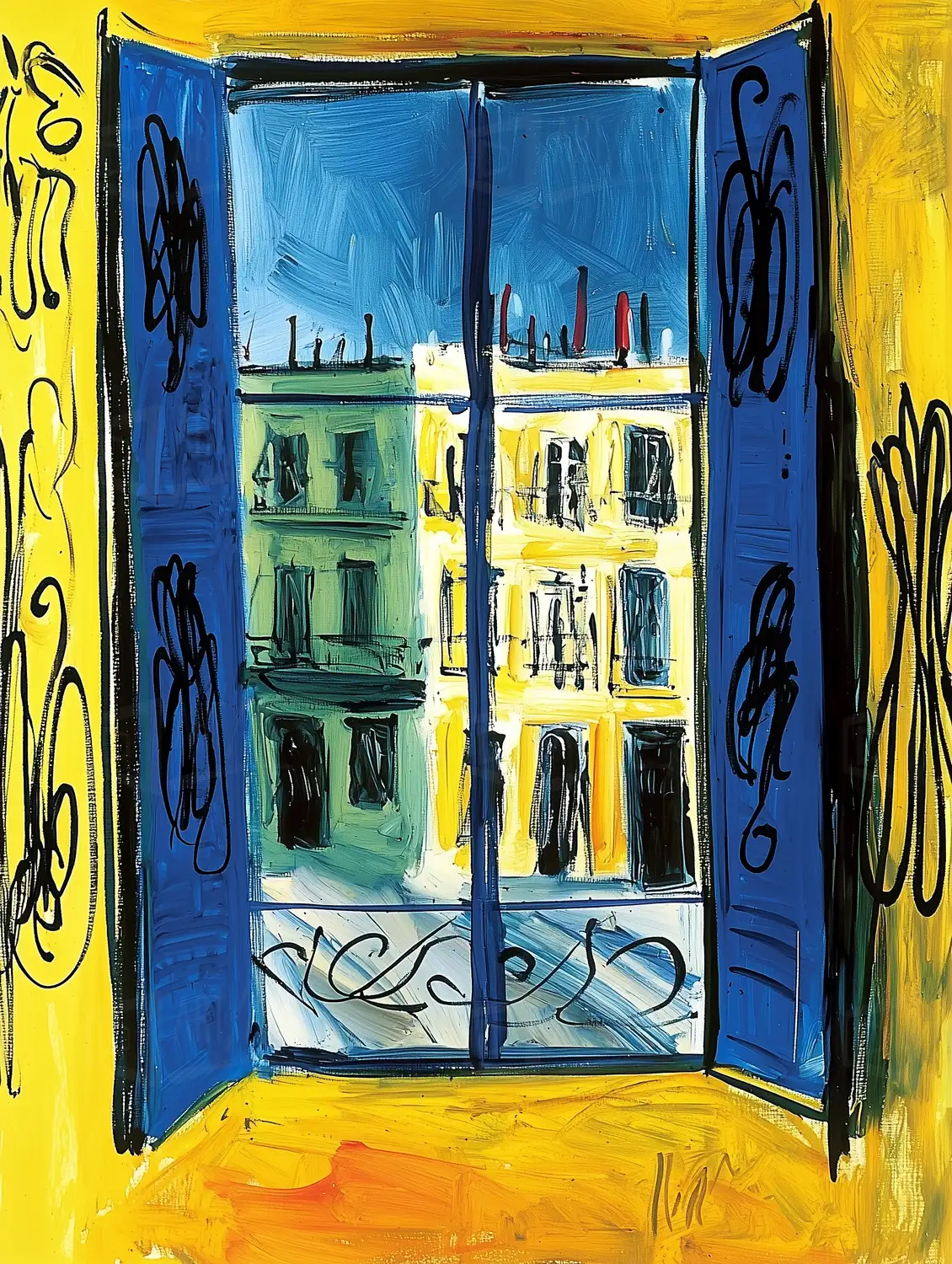 Vista desde una ventana con marcos azules y paredes amarillas, mostrando edificios coloridos. | CUADROS DE ATREZZO PARA CINE Y PUBLICIDAD