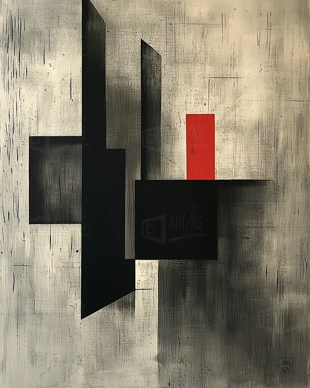 Composición abstracta con formas geométricas en negro, gris y un rectángulo rojo. | CUADROS DE ATREZZO PARA CINE Y PUBLICIDAD