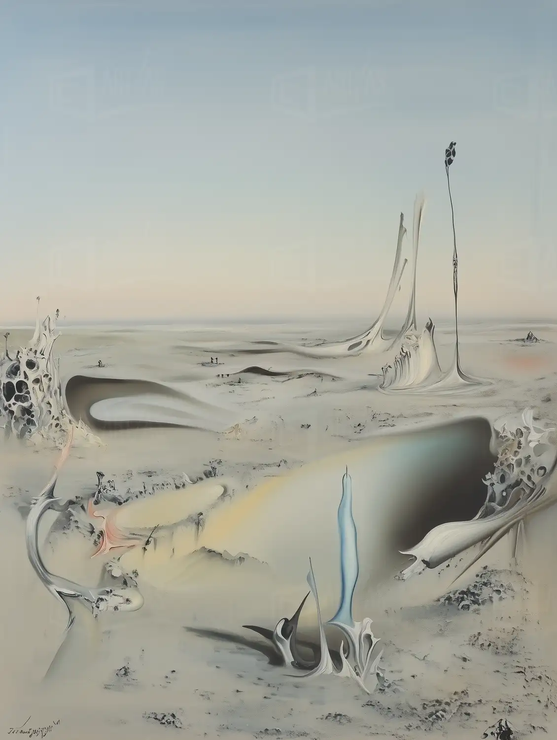 Paisaje surrealista con formas abstractas y un cielo claro. | CUADROS DE ATREZZO PARA CINE Y PUBLICIDAD