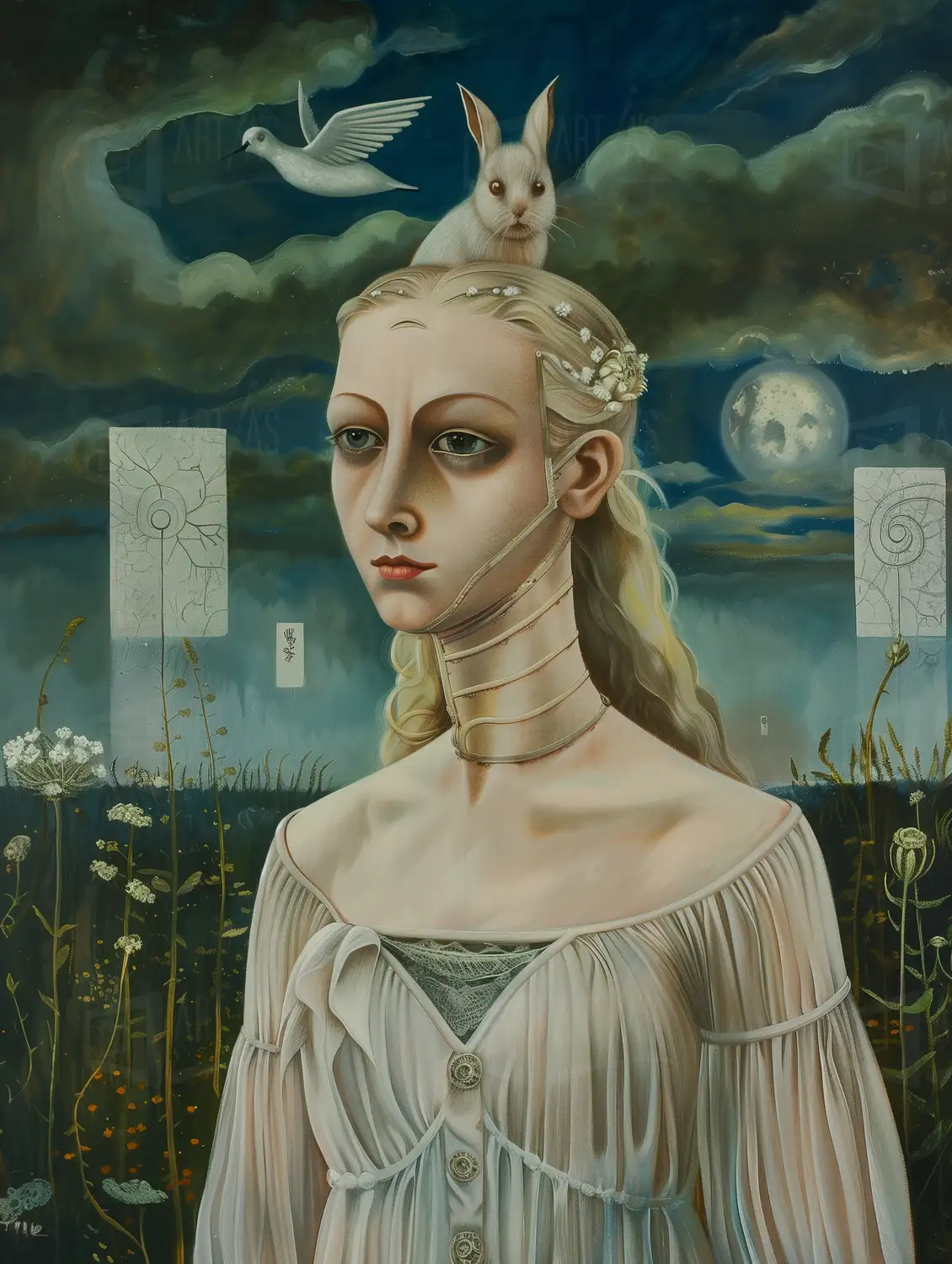 Retrato de una mujer con un conejo en la cabeza y un ave volando en el fondo. | CUADROS DE ATREZZO PARA CINE Y PUBLICIDAD