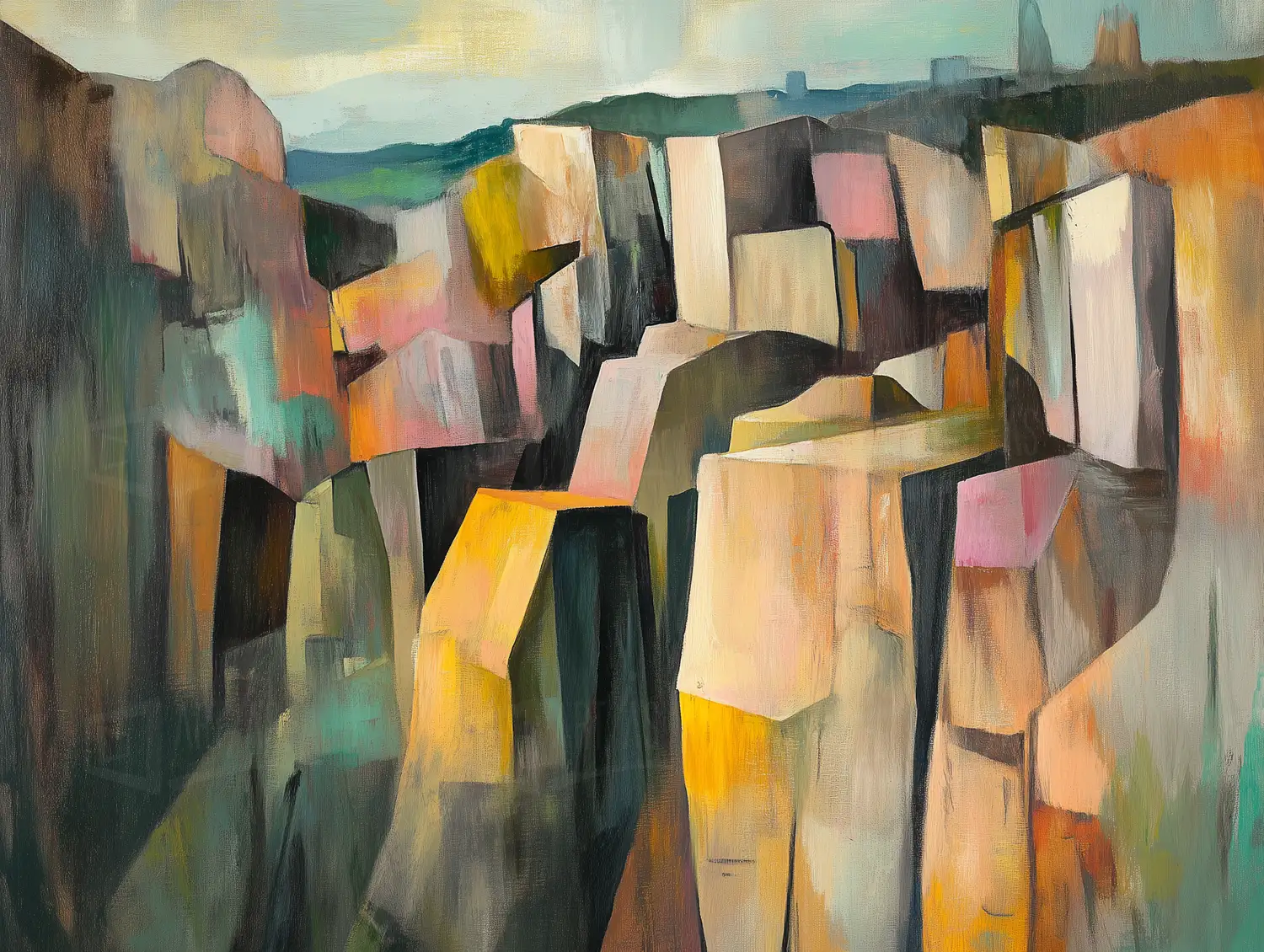 Composición abstracta con formas geométricas en tonos cálidos y fríos. | CUADROS DE ATREZZO PARA CINE Y PUBLICIDAD