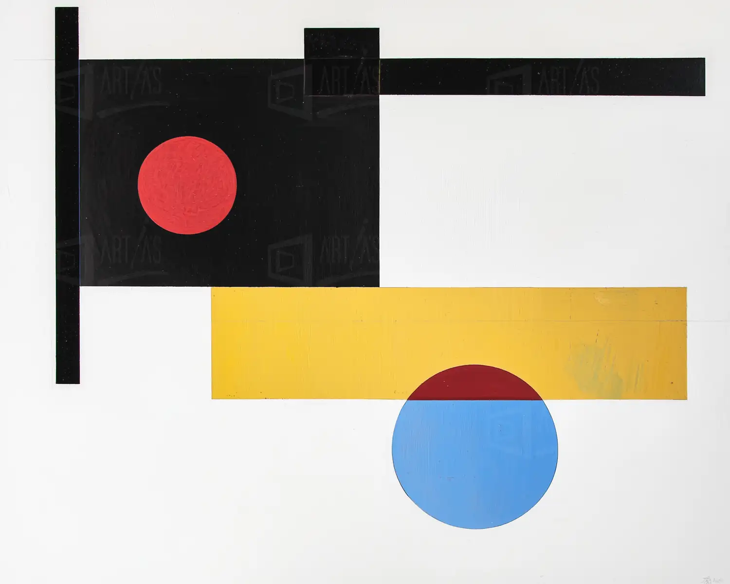 Composición abstracta con formas geométricas en colores primarios sobre fondo blanco. | CUADROS DE ATREZZO PARA CINE Y PUBLICIDAD