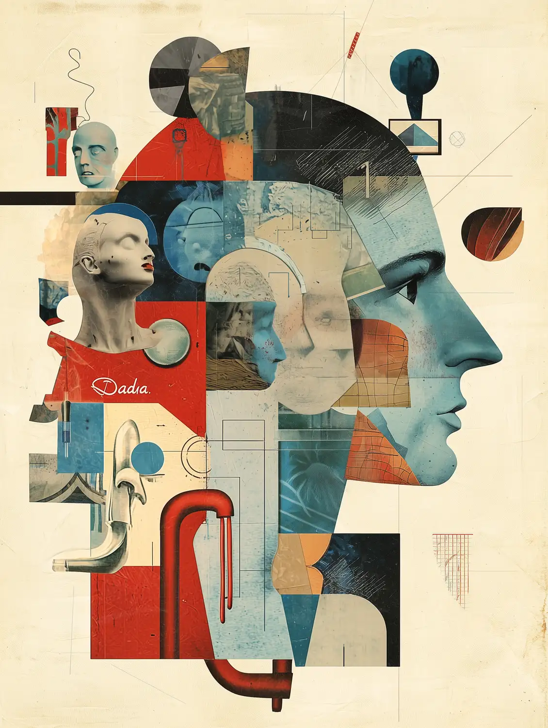 Composición abstracta con rostros y formas geométricas en colores variados. | CUADROS DE ATREZZO PARA CINE Y PUBLICIDAD