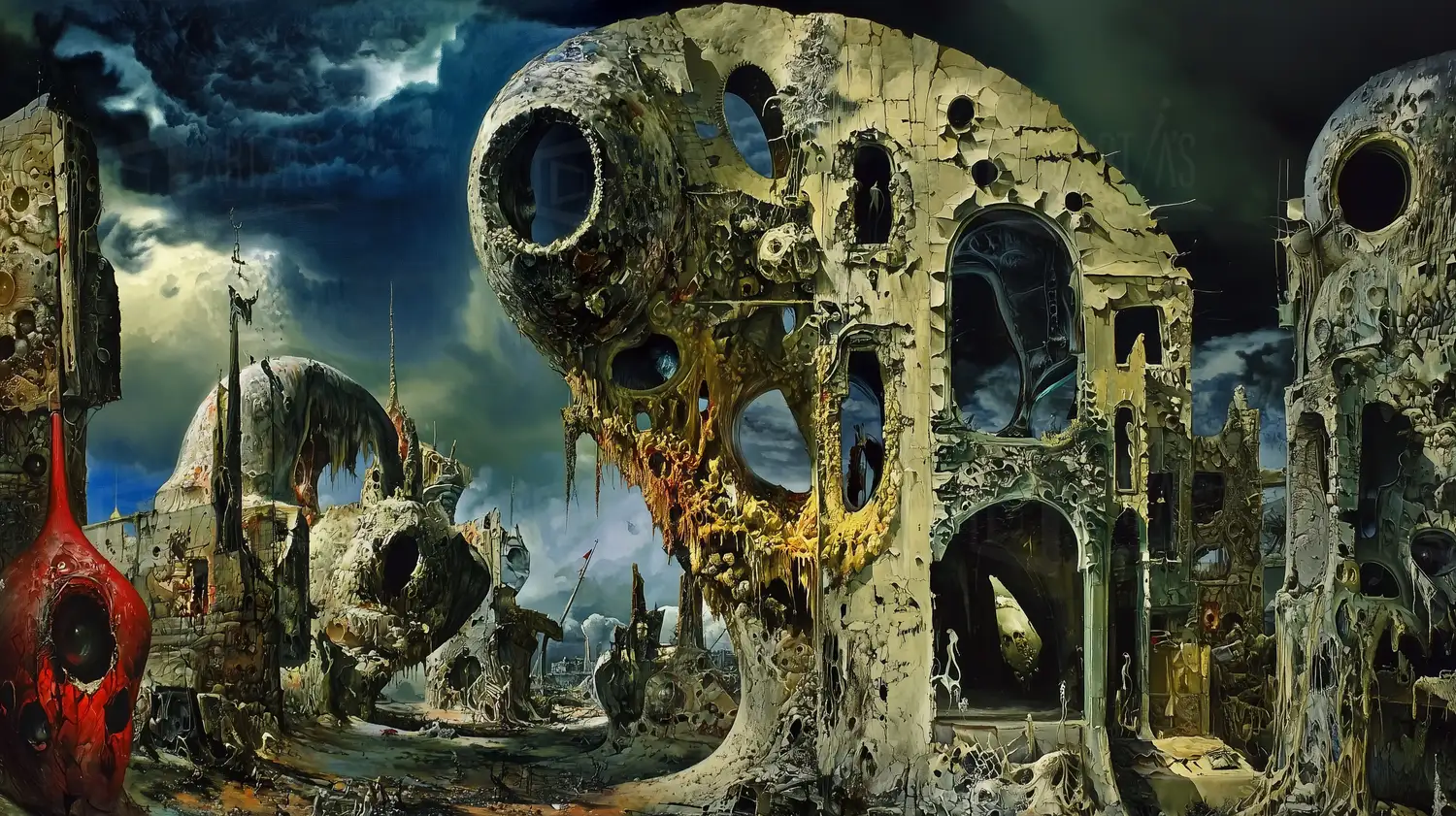 Escena surrealista de un paisaje desolado con estructuras arquitectónicas deterioradas. | CUADROS DE ATREZZO PARA CINE Y PUBLICIDAD