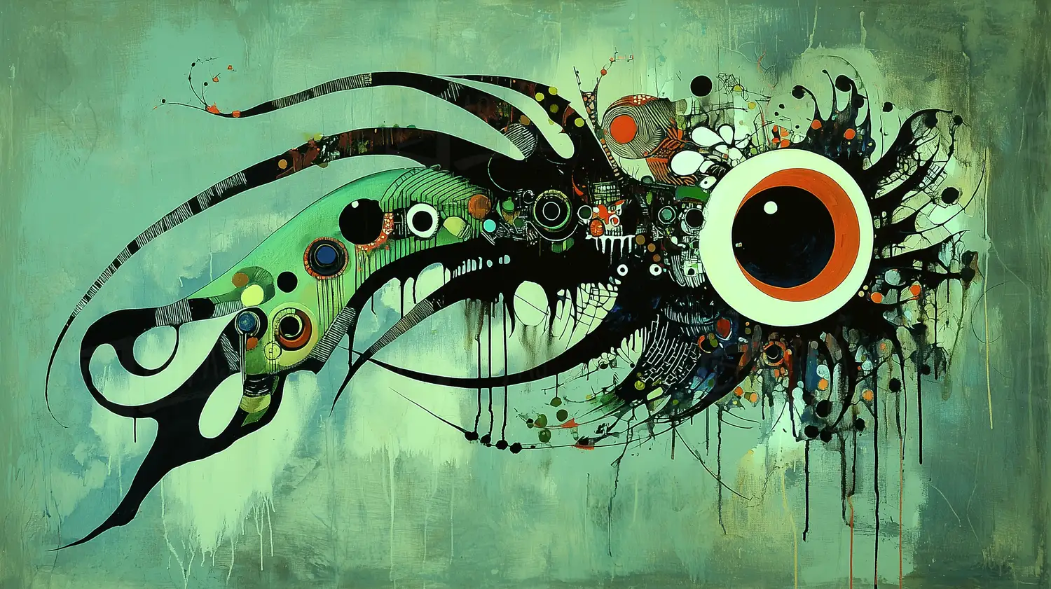 Composición abstracta con formas orgánicas y colores vibrantes sobre fondo verde. | CUADROS DE ATREZZO PARA CINE Y PUBLICIDAD