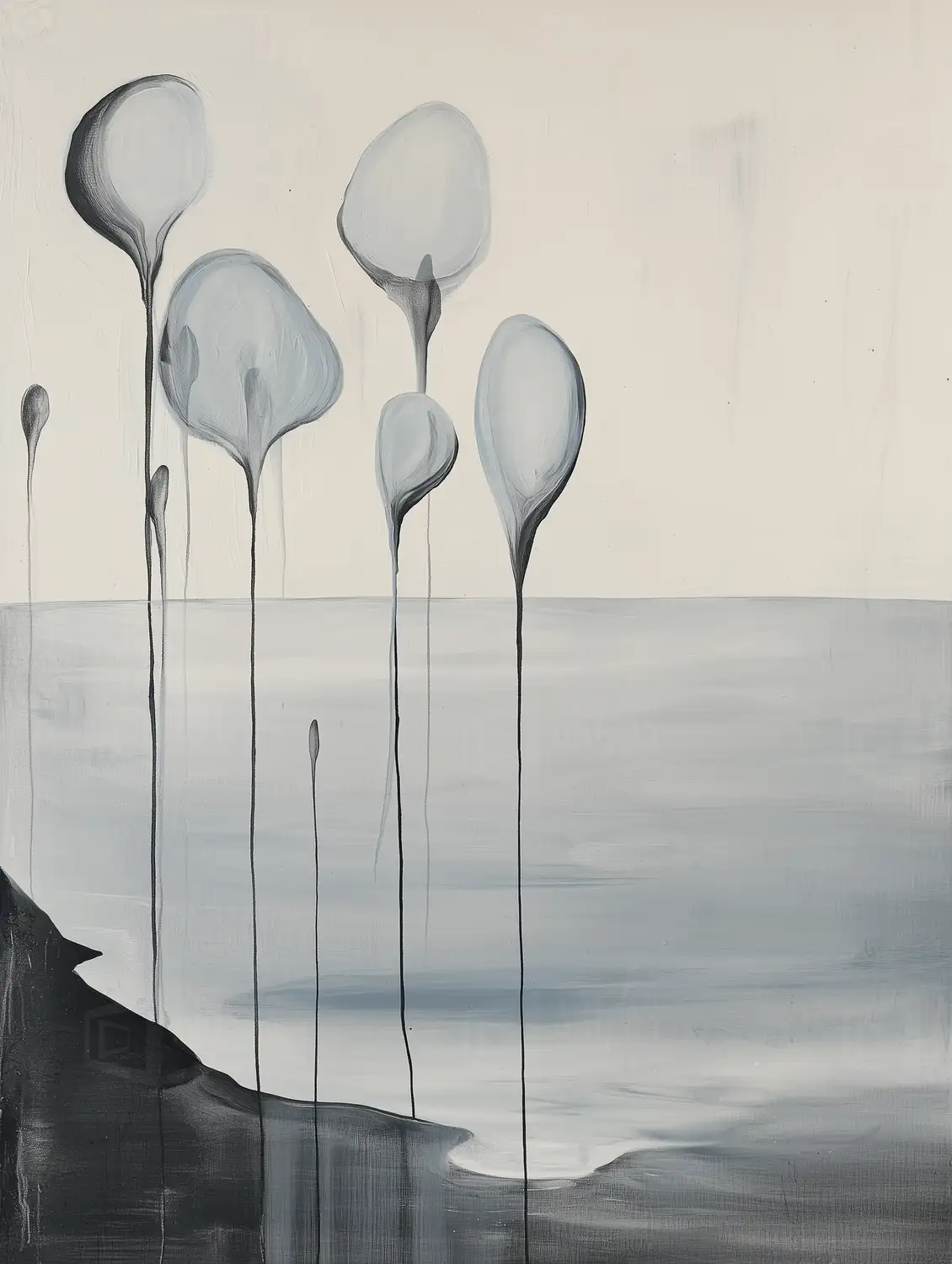 Obra abstracta con formas alargadas en tonos grises sobre un fondo claro. | CUADROS DE ATREZZO PARA CINE Y PUBLICIDAD