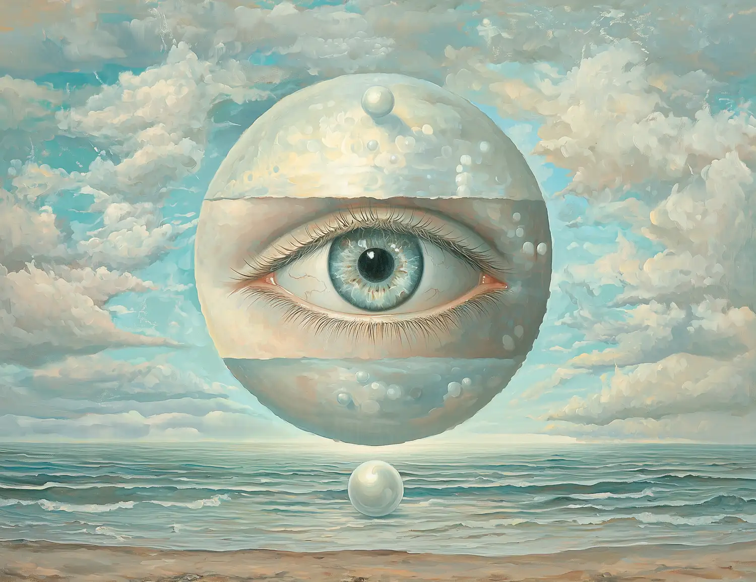Obra surrealista que presenta un ojo humano dentro de una esfera, con un fondo de mar y nubes. | CUADROS DE ATREZZO PARA CINE Y PUBLICIDAD