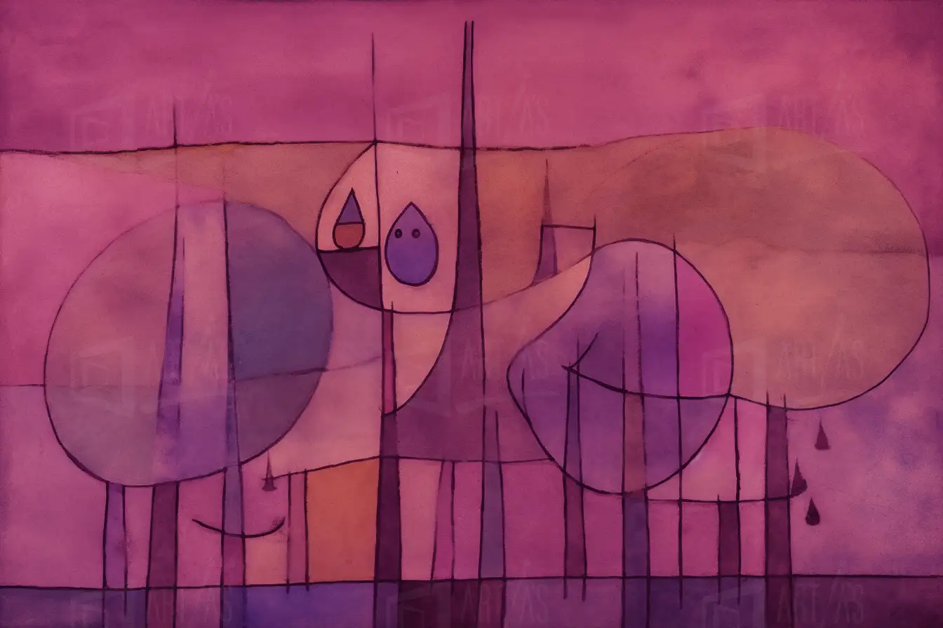 Composición abstracta con formas geométricas en tonos morados y líneas negras. | CUADROS DE ATREZZO PARA CINE Y PUBLICIDAD