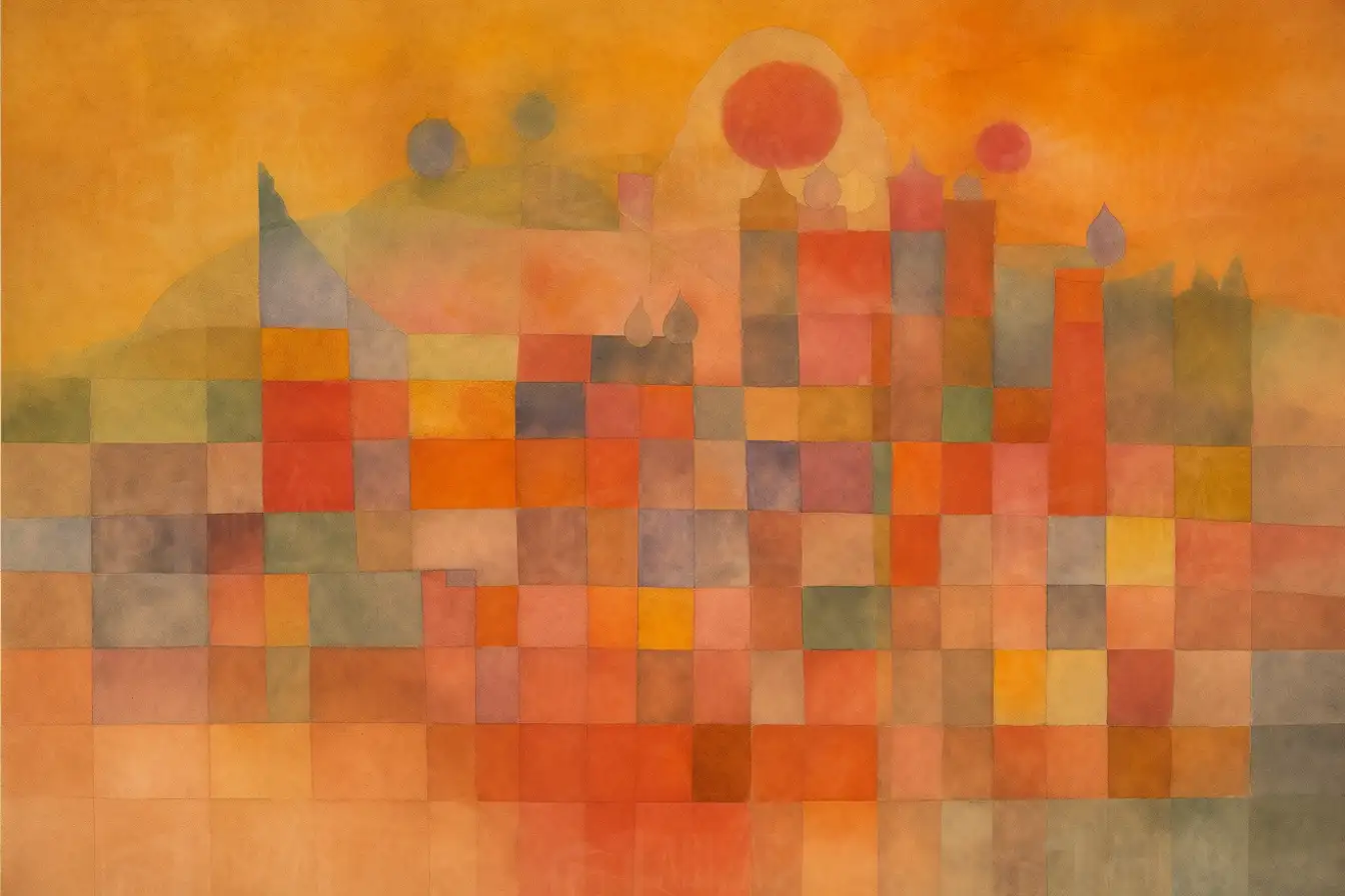 Composición abstracta con formas geométricas en tonos cálidos y fríos. | CUADROS DE ATREZZO PARA CINE Y PUBLICIDAD