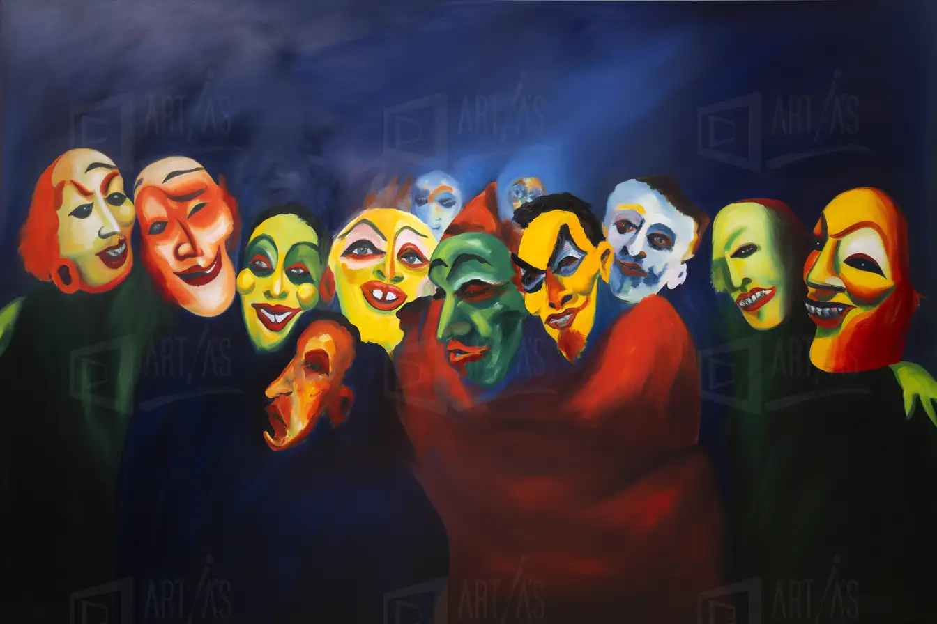 Grupo de rostros con máscaras de colores vibrantes en un fondo oscuro. | CUADROS DE ATREZZO PARA CINE Y PUBLICIDAD