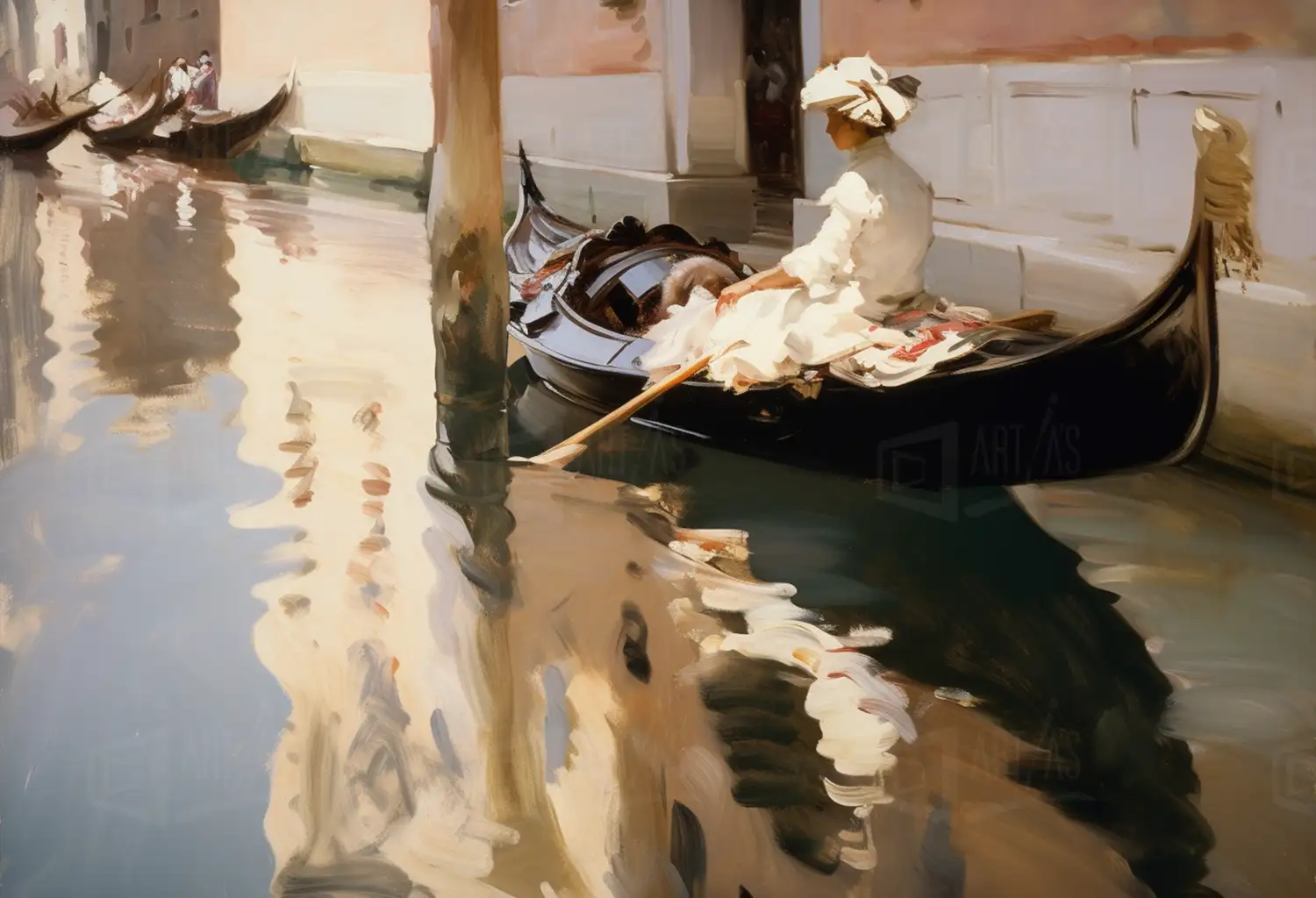 Gondolero en un canal veneciano con reflejos en el agua. | CUADROS DE ATREZZO PARA CINE Y PUBLICIDAD