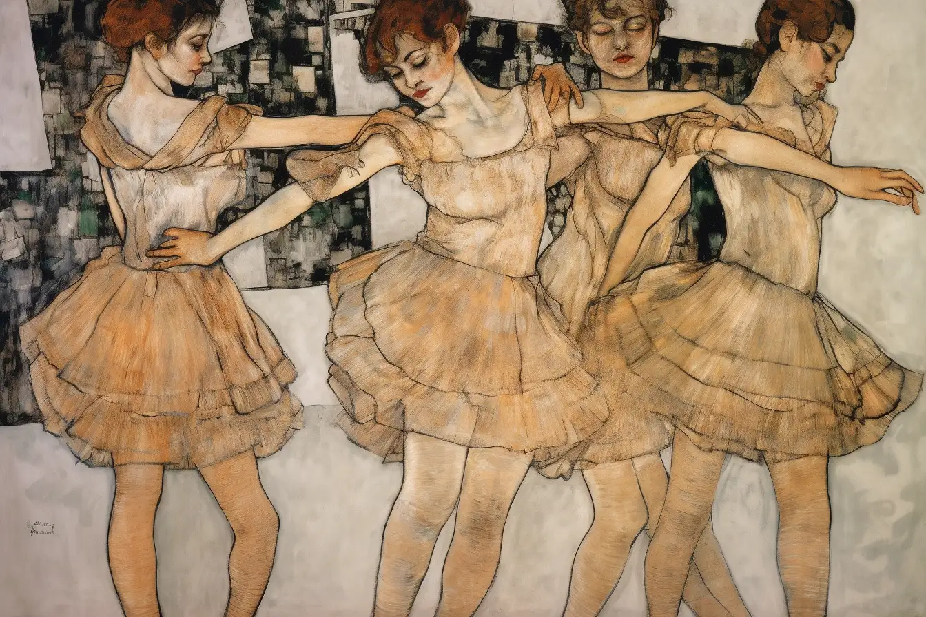 Cuatro bailarinas en diferentes poses, con faldas de tul y fondo abstracto. | CUADROS DE ATREZZO PARA CINE Y PUBLICIDAD