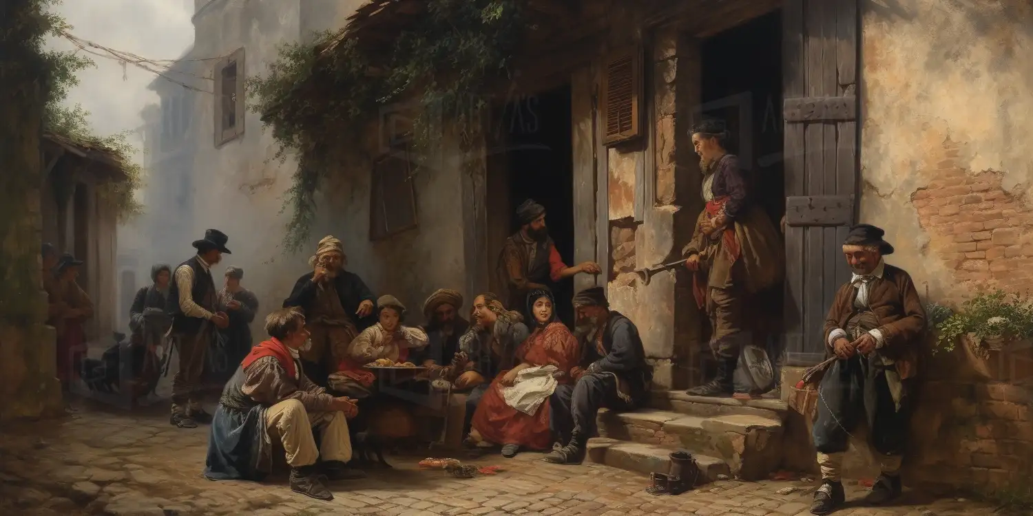 Escena de un grupo de personas en una calle, interactuando y compartiendo alimentos. | CUADROS DE ATREZZO PARA CINE Y PUBLICIDAD