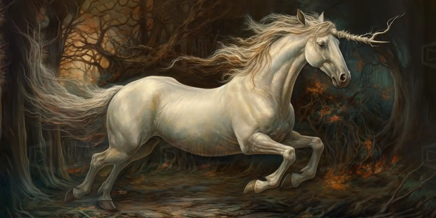 Unicornio blanco corriendo en un bosque oscuro con árboles retorcidos. | CUADROS DE ATREZZO PARA CINE Y PUBLICIDAD