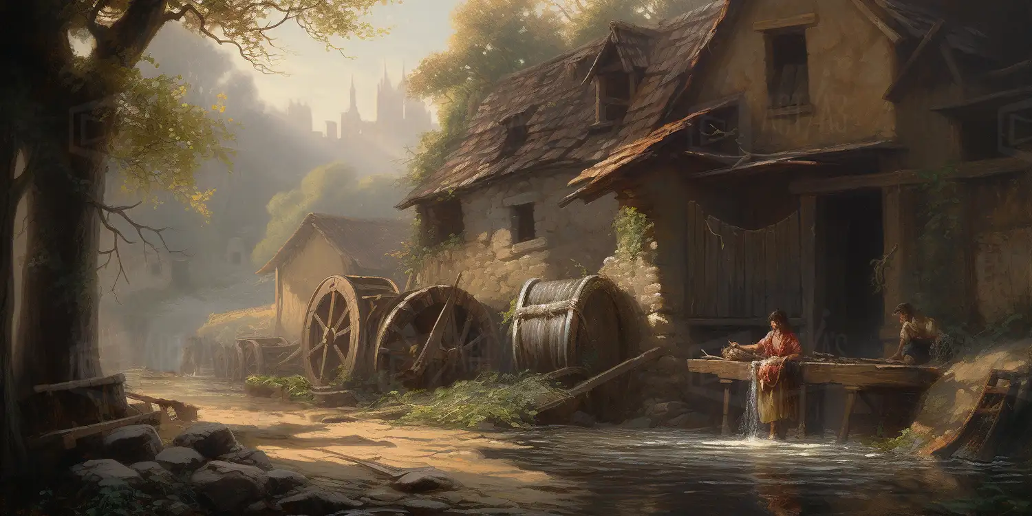 Escena rural con casas de campo y un molino de agua en un entorno natural. | CUADROS DE ATREZZO PARA CINE Y PUBLICIDAD