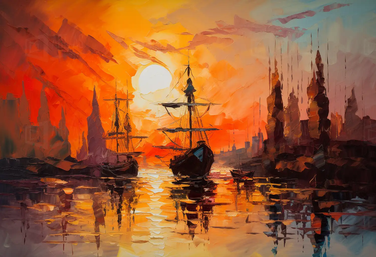 Atardecer en un puerto con barcos y siluetas de edificios. | CUADROS DE ATREZZO PARA CINE Y PUBLICIDAD