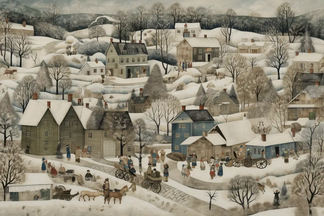Escena invernal de un pueblo con casas y personas en actividades cotidianas. | CUADROS DE ATREZZO PARA CINE Y PUBLICIDAD