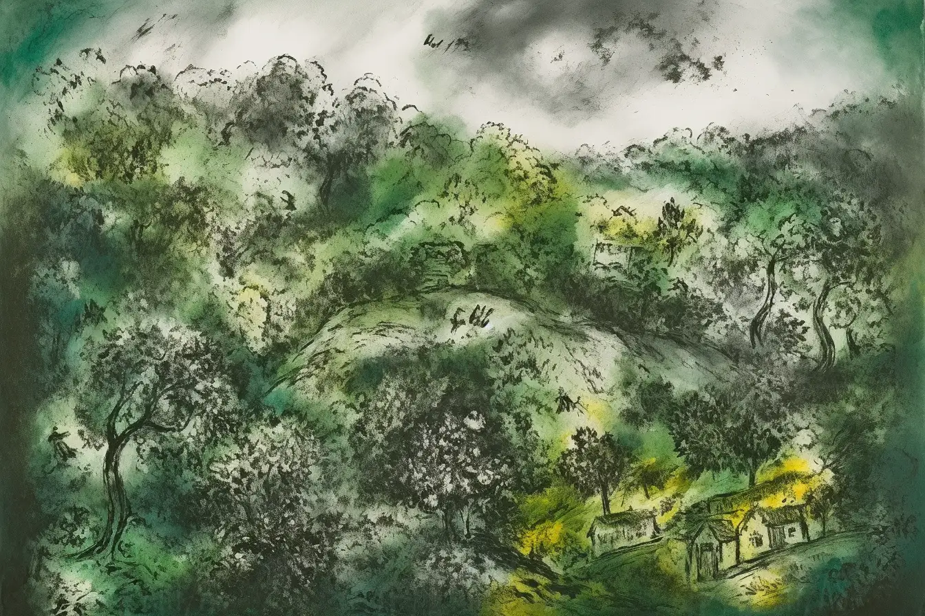 Paisaje con árboles y casas en un entorno natural. | CUADROS DE ATREZZO PARA CINE Y PUBLICIDAD