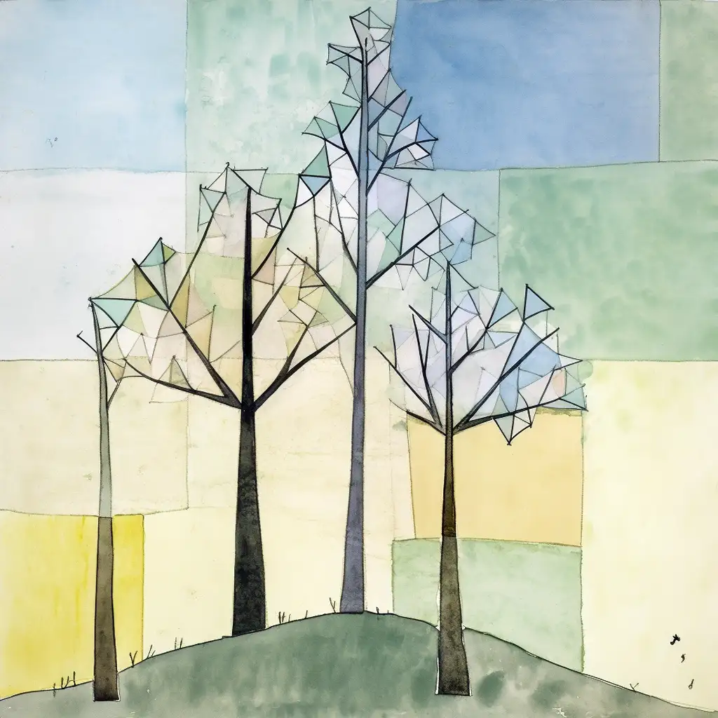 Obra abstracta con árboles estilizados sobre un fondo de colores suaves. | CUADROS DE ATREZZO PARA CINE Y PUBLICIDAD