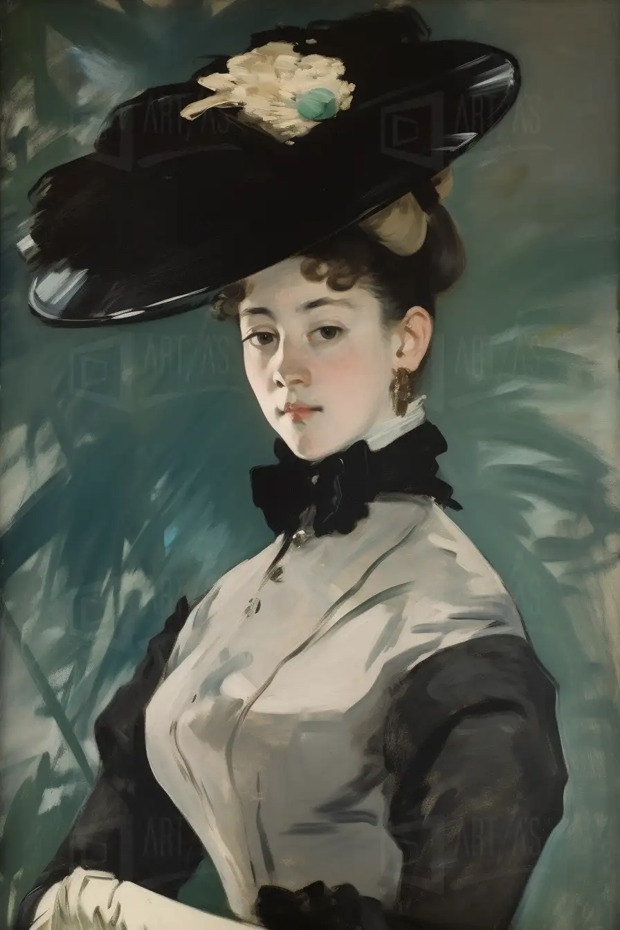 Retrato de una mujer con un sombrero grande y vestido elegante. | CUADROS DE ATREZZO PARA CINE Y PUBLICIDAD