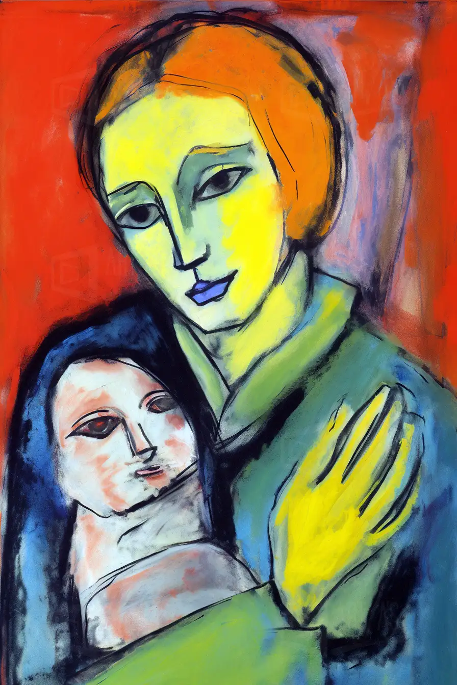 Retrato de una mujer sosteniendo a un niño, con colores vibrantes y líneas definidas. | CUADROS DE ATREZZO PARA CINE Y PUBLICIDAD