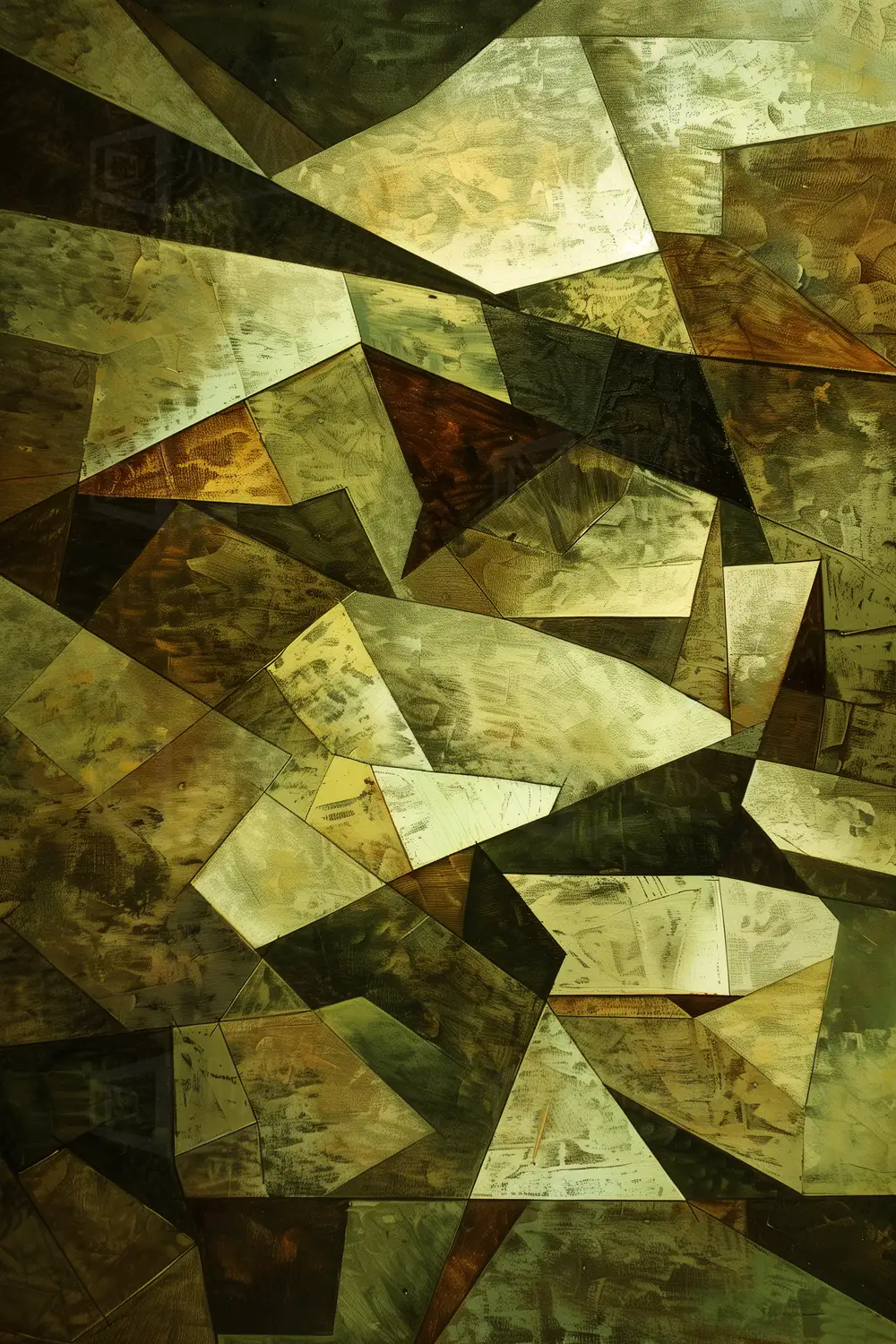 Composición abstracta con formas geométricas en tonos verdes y marrones. | CUADROS DE ATREZZO PARA CINE Y PUBLICIDAD